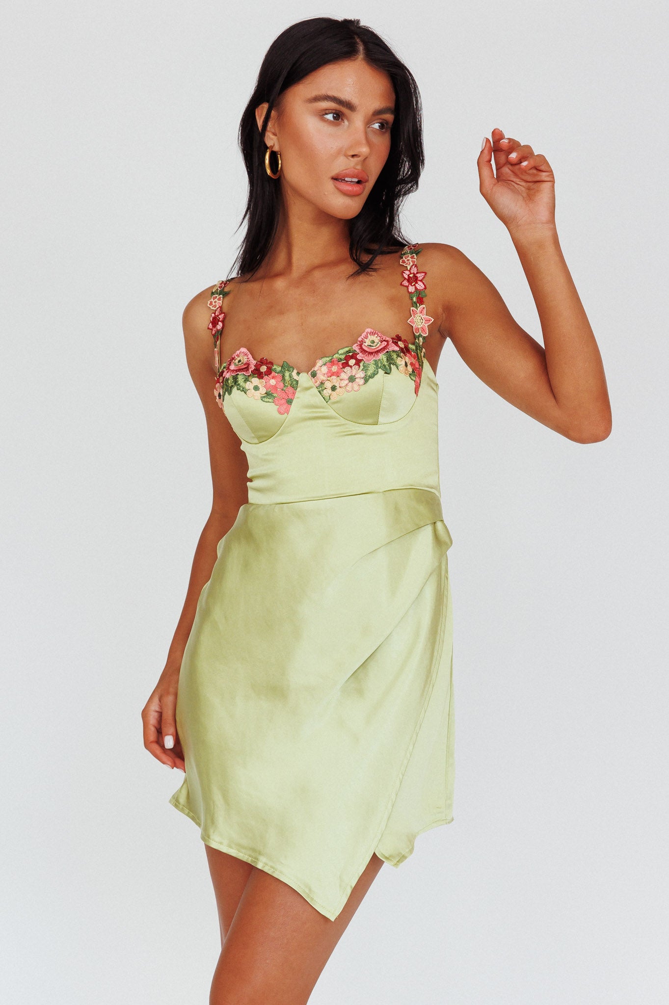 Rose Garden Floral Applique Wrap Mini Dress Lime-Maymioy