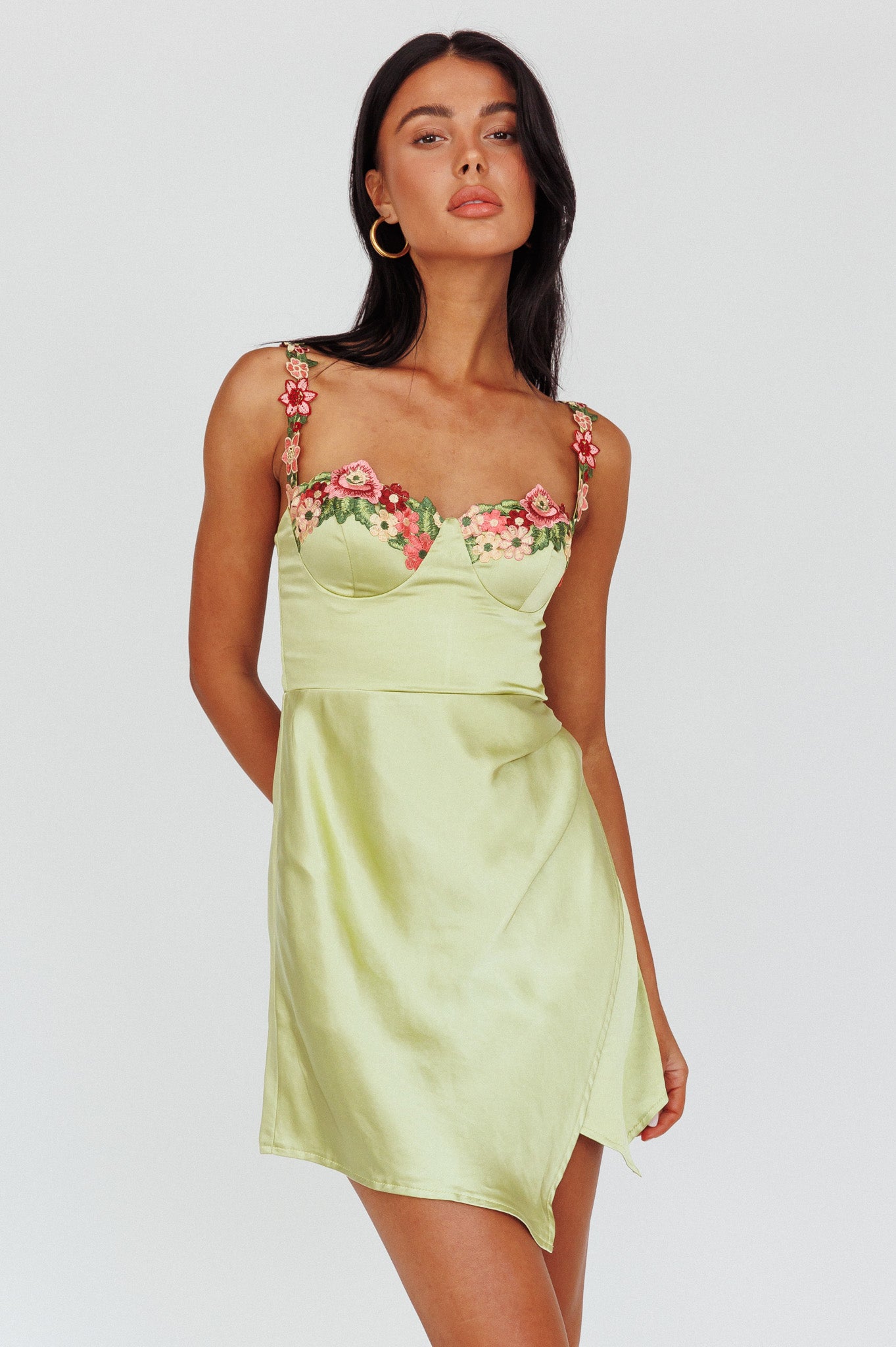Rose Garden Floral Applique Wrap Mini Dress Lime-Maymioy