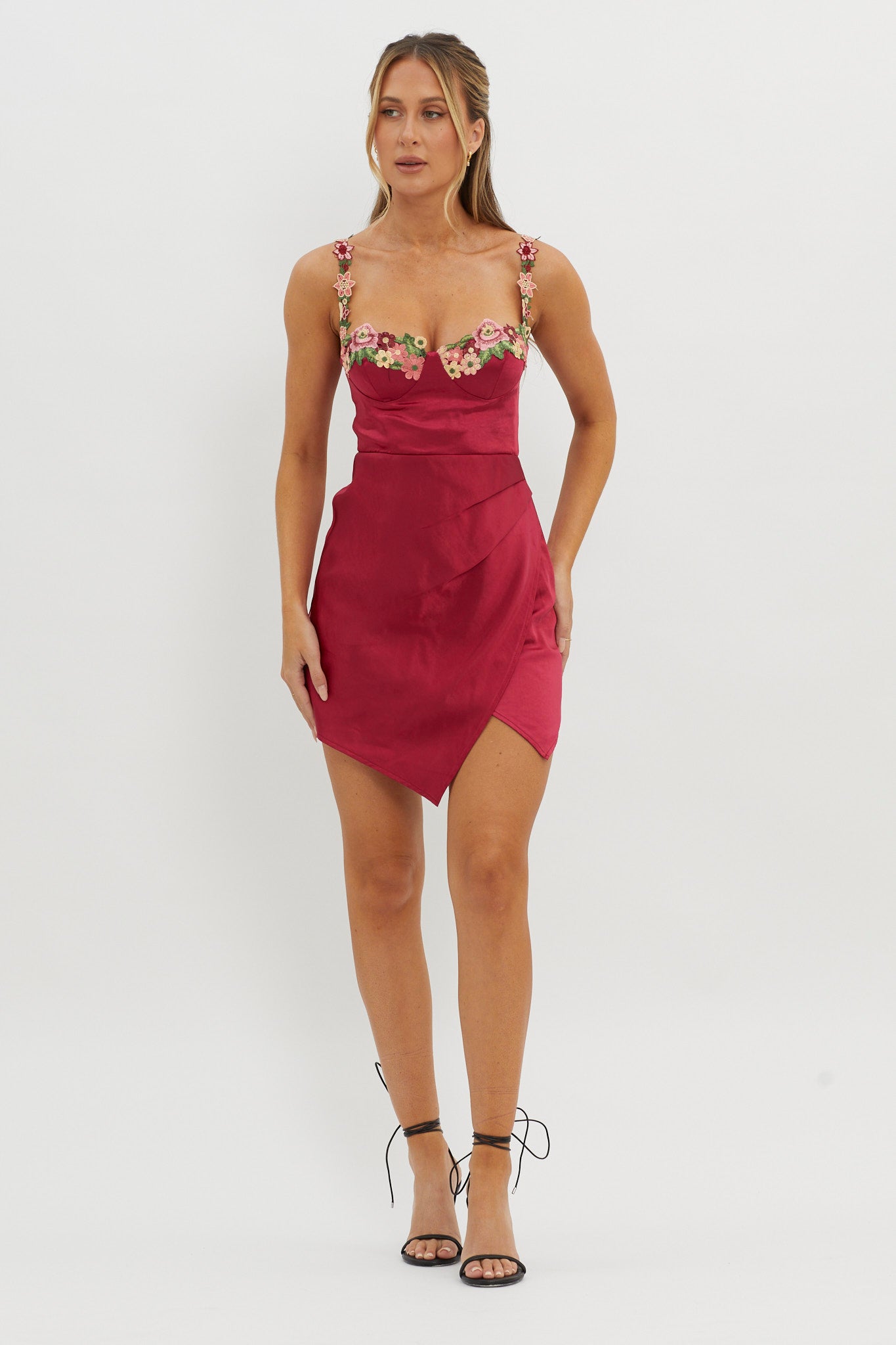 Rose Garden Floral Applique Wrap Mini Dress Merlot-Maymioy