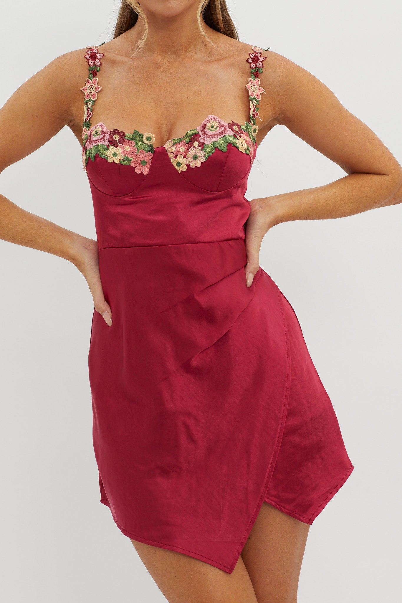Rose Garden Floral Applique Wrap Mini Dress Merlot-Maymioy