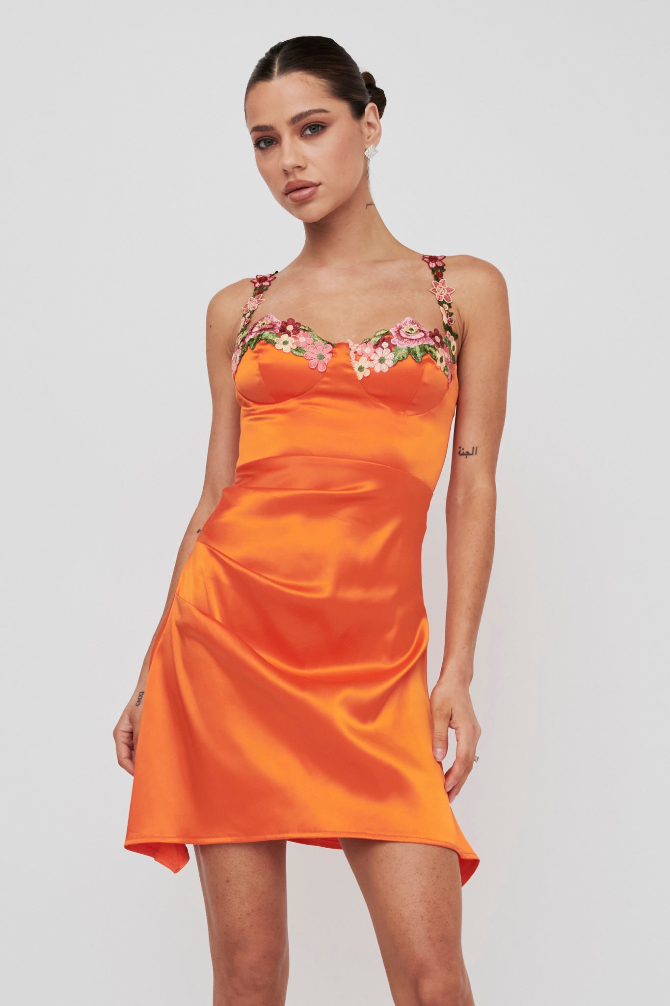 Rose Garden Floral Applique Pleat Mini Dress Orange-Maymioy