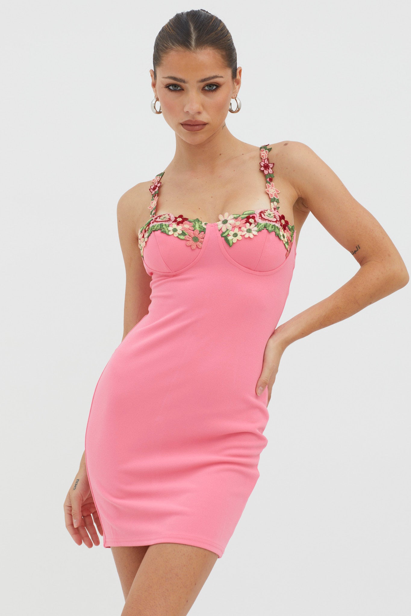 Rose Garden Floral Applique Bodycon Mini Dress Hot Pink-Maymioy