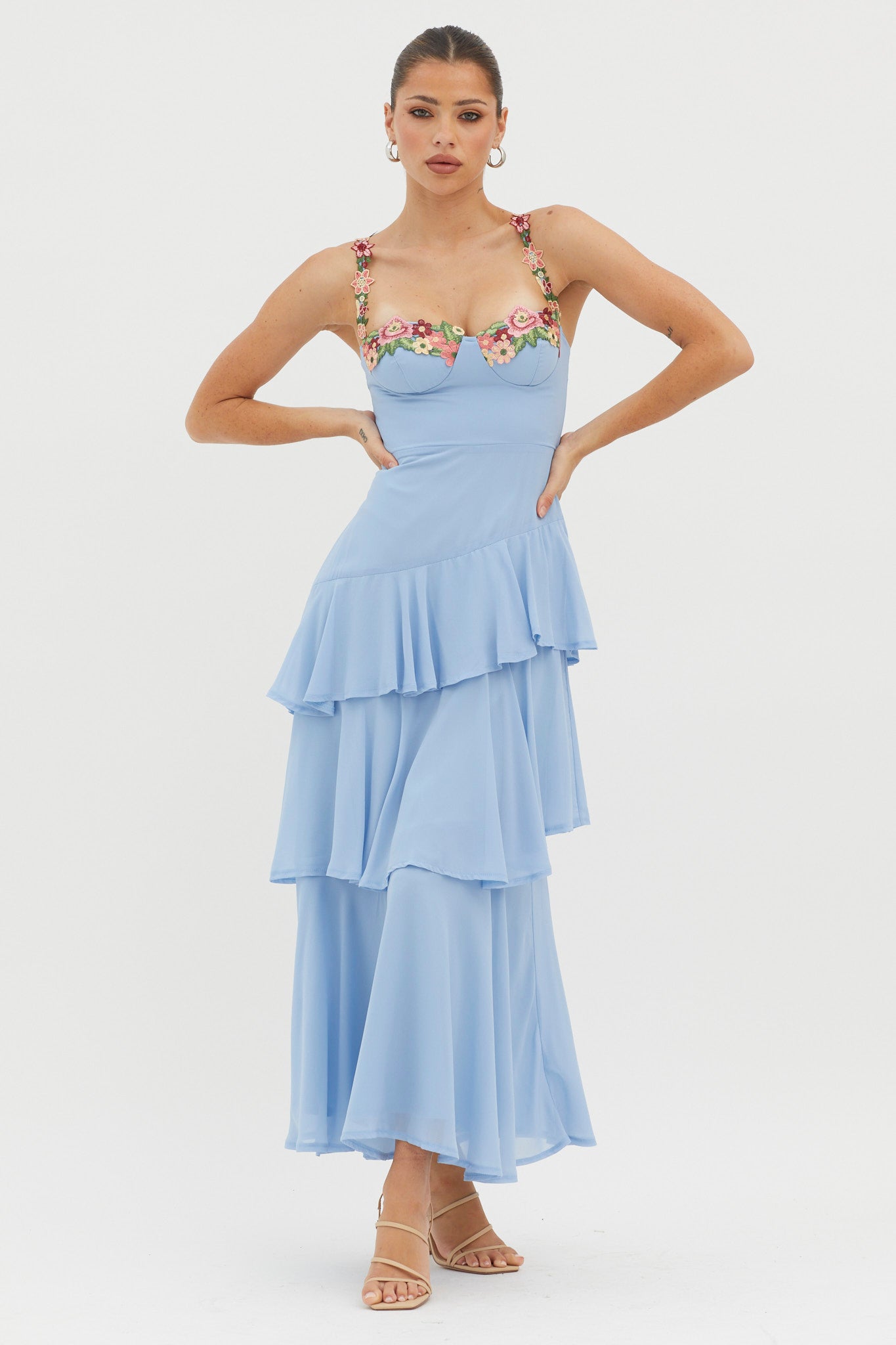 Rose Garden Tiered Ruffle Floral Trim Dress Blue-Maymioy