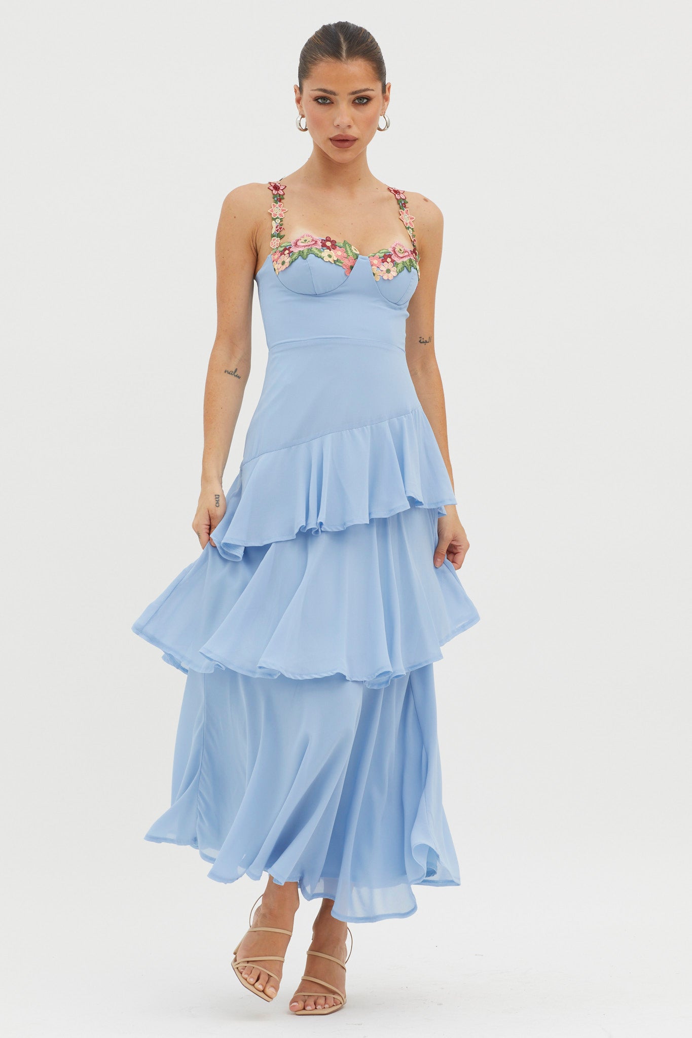 Rose Garden Tiered Ruffle Floral Trim Dress Blue-Maymioy