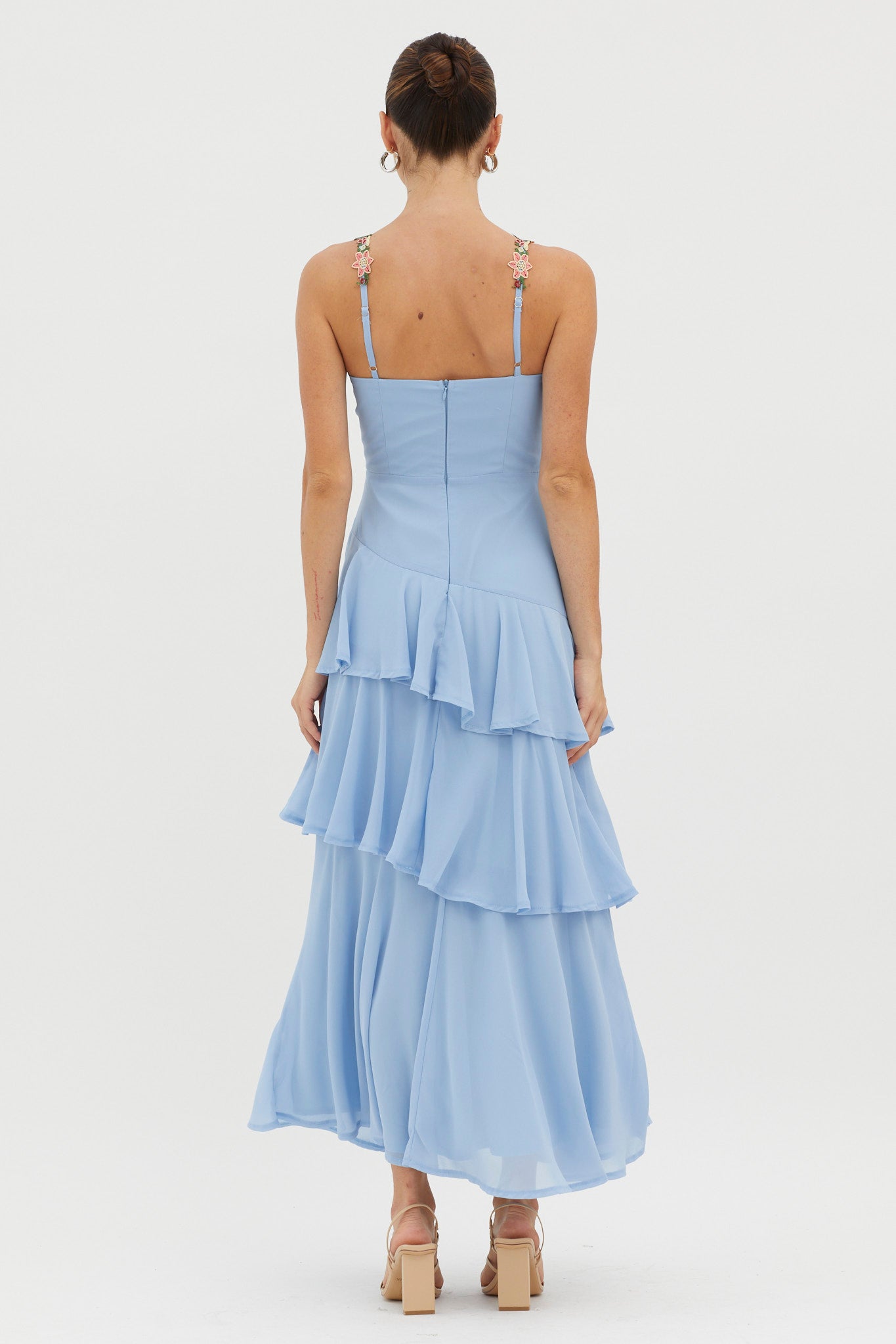 Rose Garden Tiered Ruffle Floral Trim Dress Blue-Maymioy