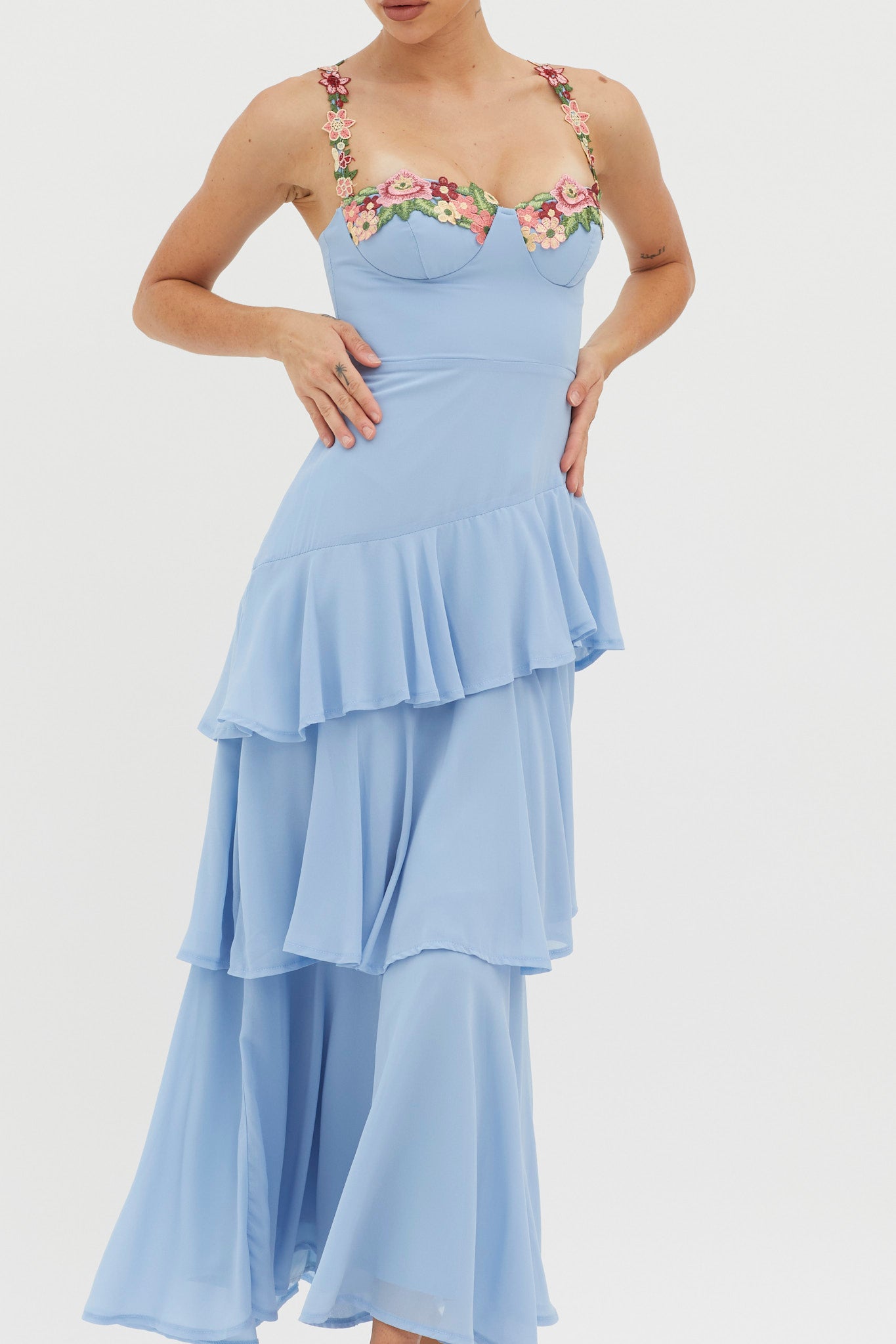 Rose Garden Tiered Ruffle Floral Trim Dress Blue-Maymioy