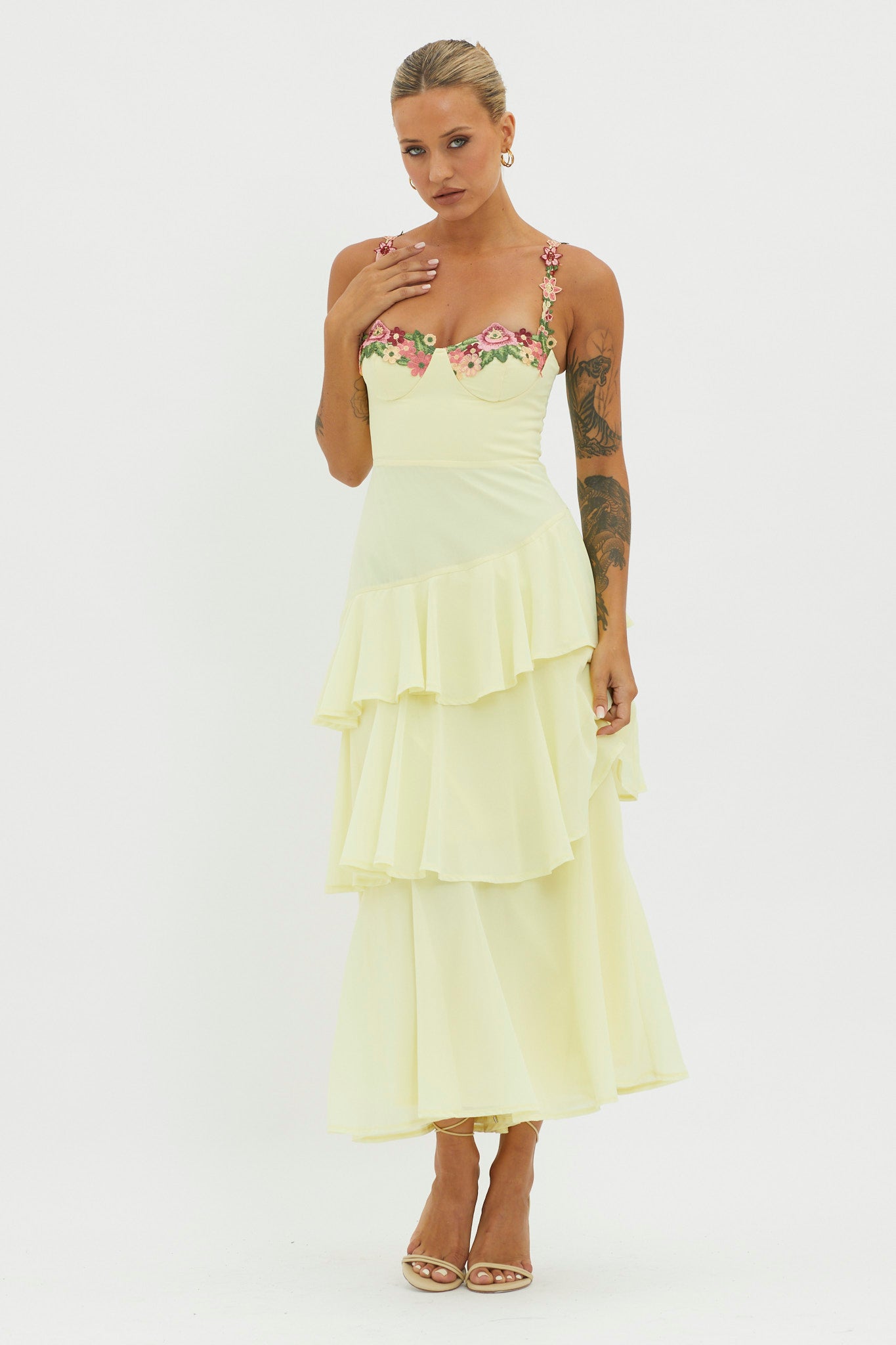 Rose Garden Tiered Ruffle Floral Trim Dress Lemon-Maymioy