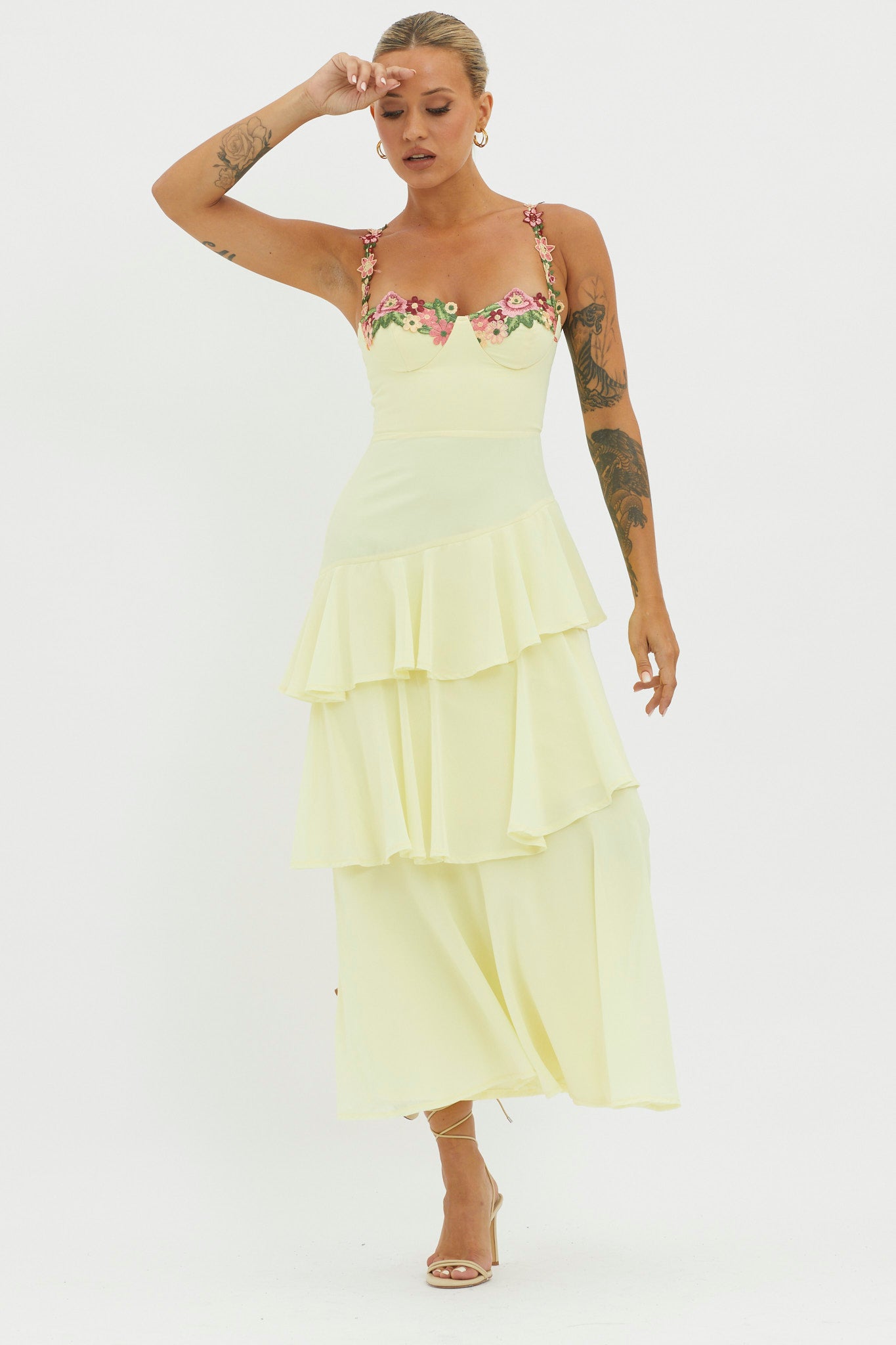 Rose Garden Tiered Ruffle Floral Trim Dress Lemon-Maymioy