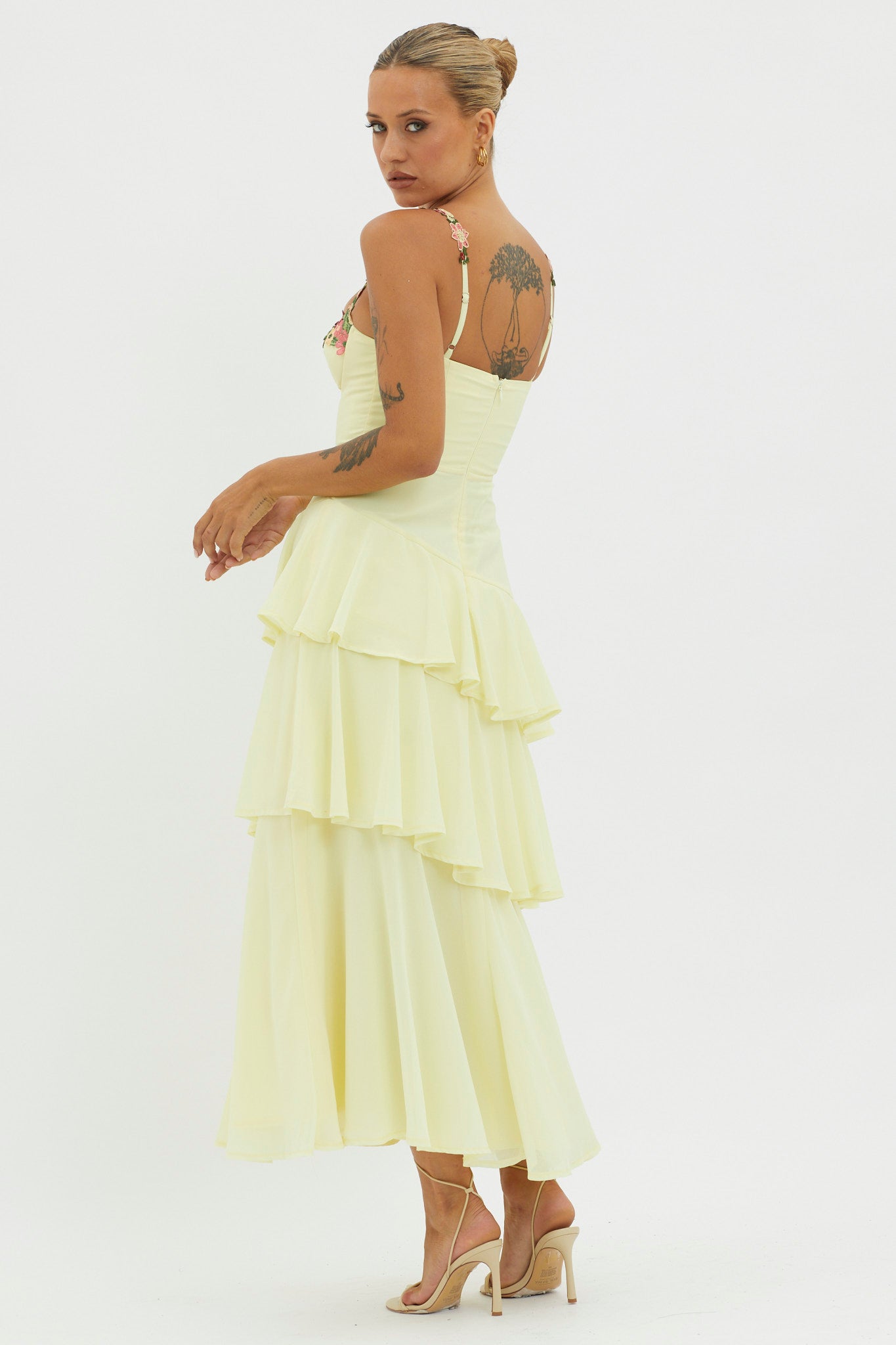 Rose Garden Tiered Ruffle Floral Trim Dress Lemon-Maymioy