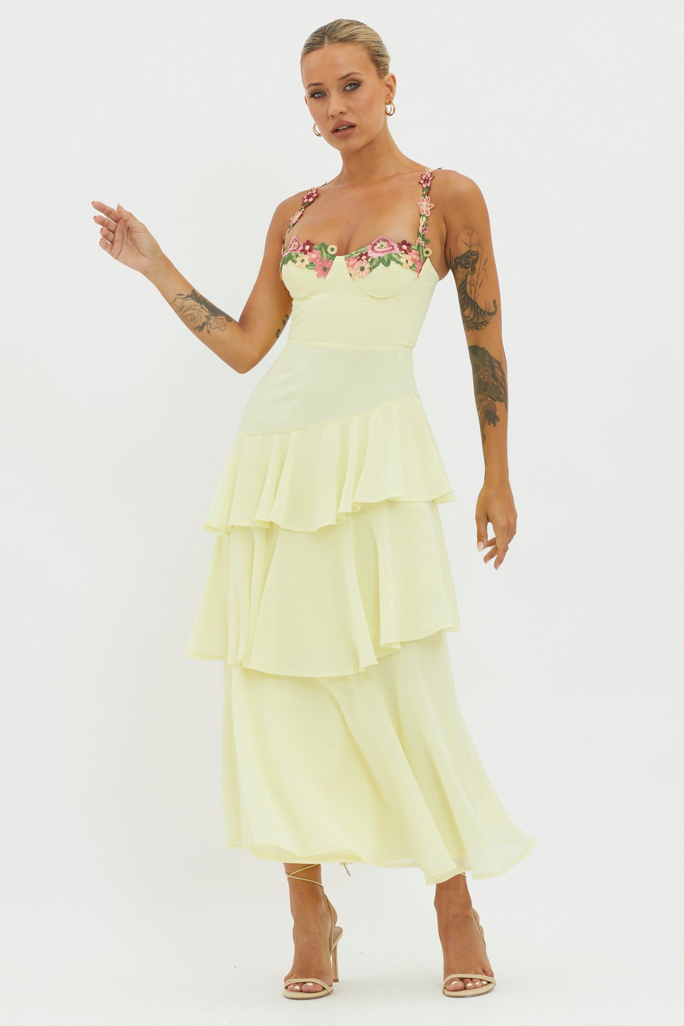 Rose Garden Tiered Ruffle Floral Trim Dress Lemon-Maymioy