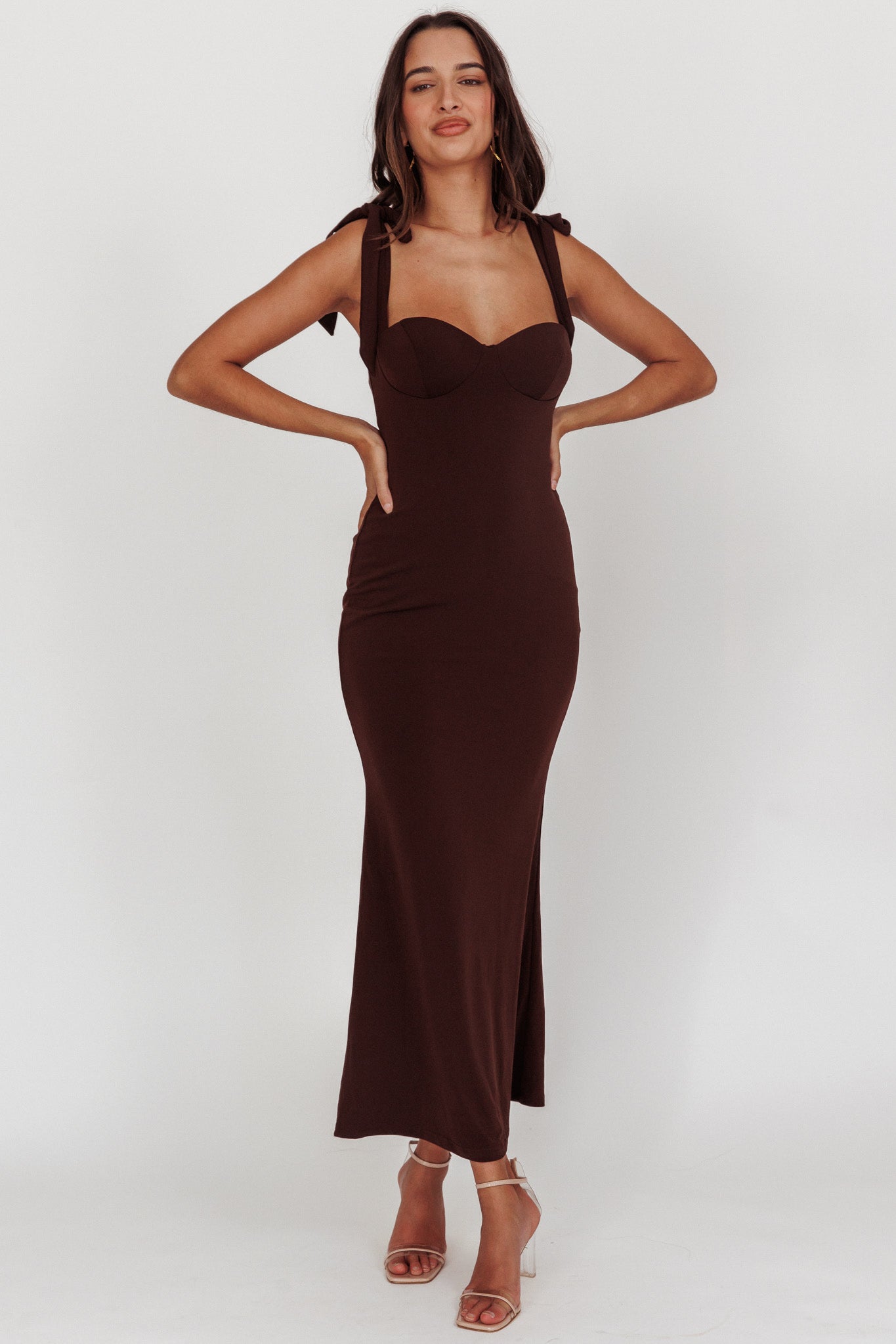 Rose Garden Tied Shoulder Maxi Dress Brown-Maymioy
