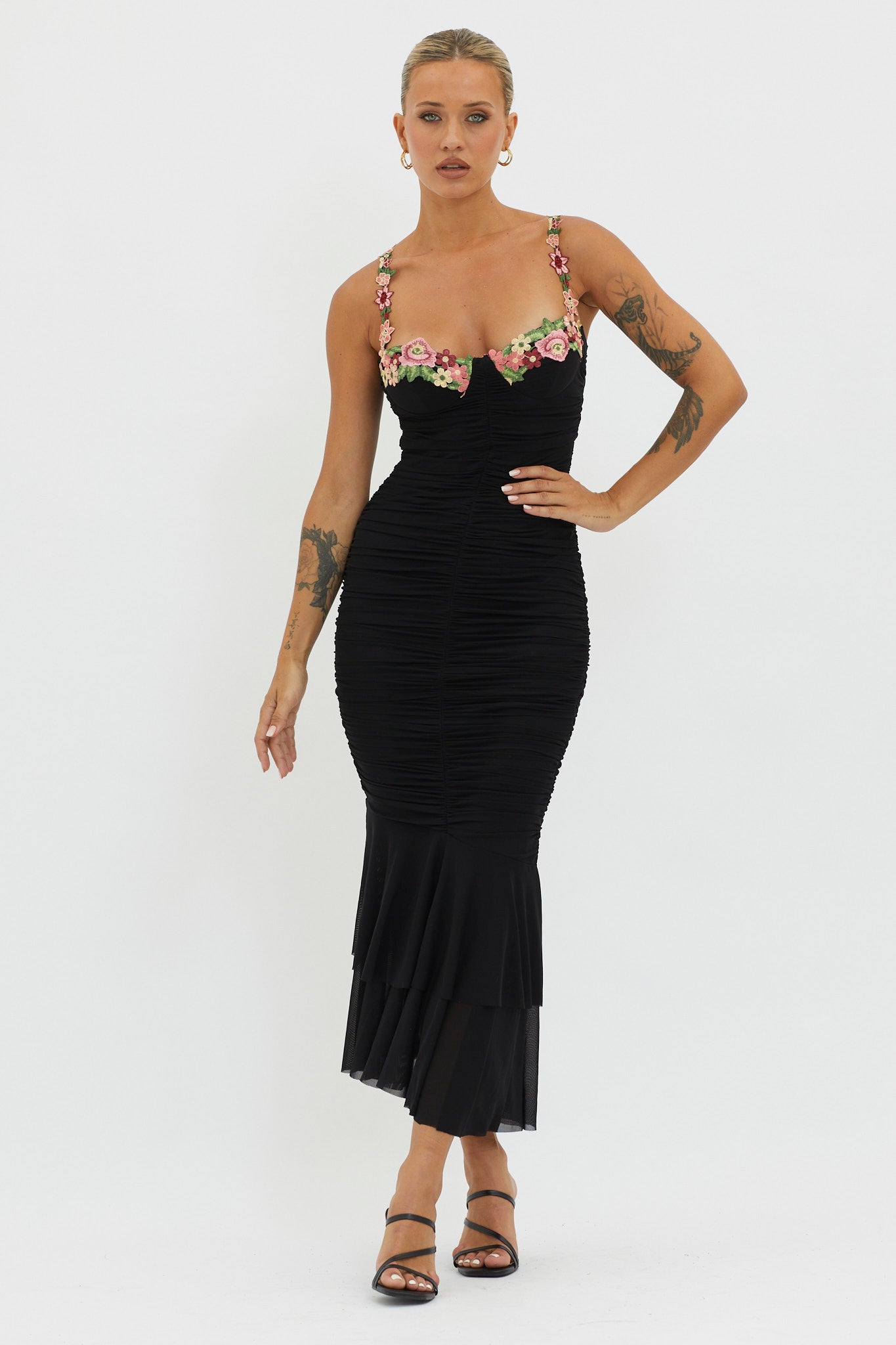 Rose Garden Ruched Mesh Midi Dress Black-Maymioy