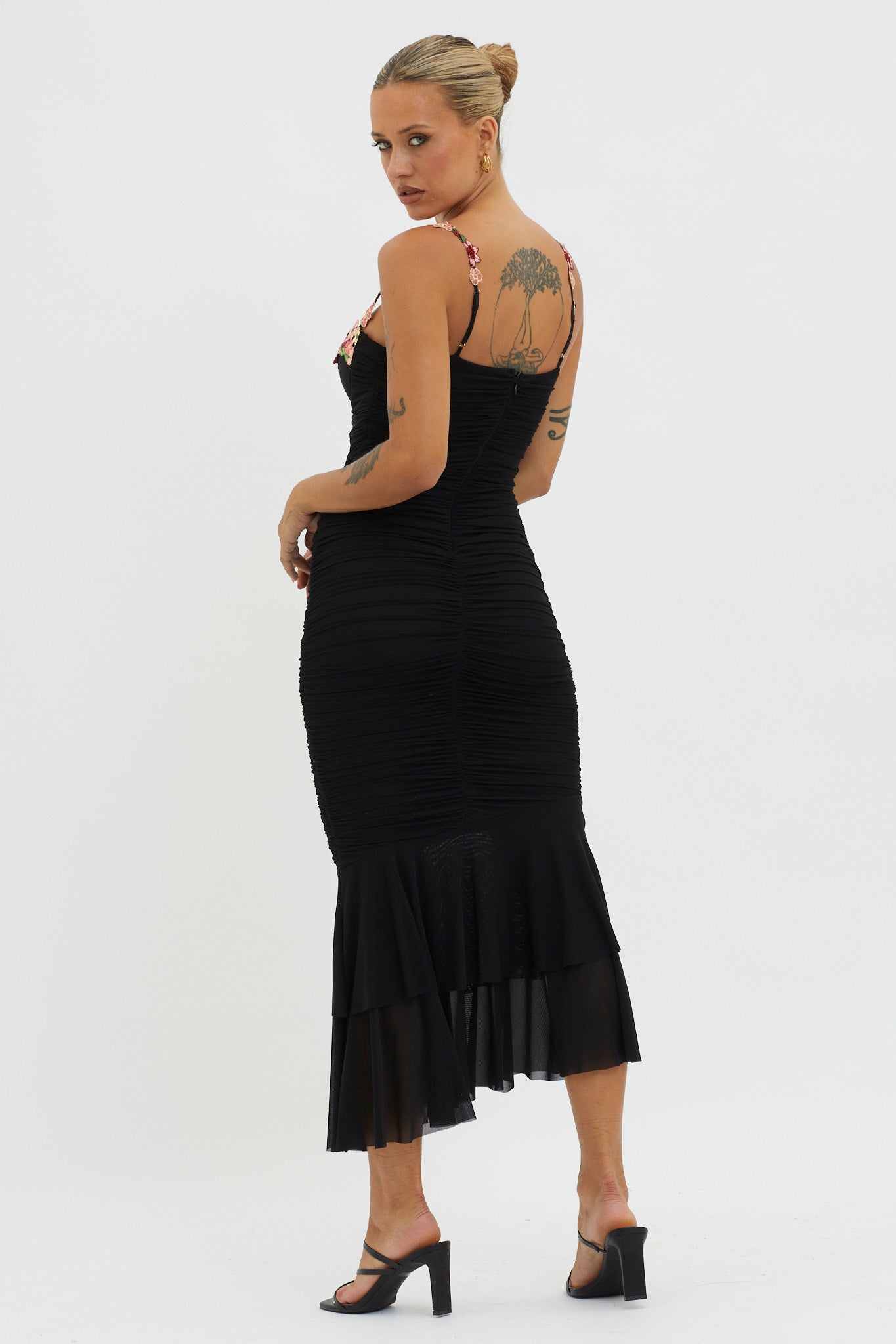 Rose Garden Ruched Mesh Midi Dress Black-Maymioy