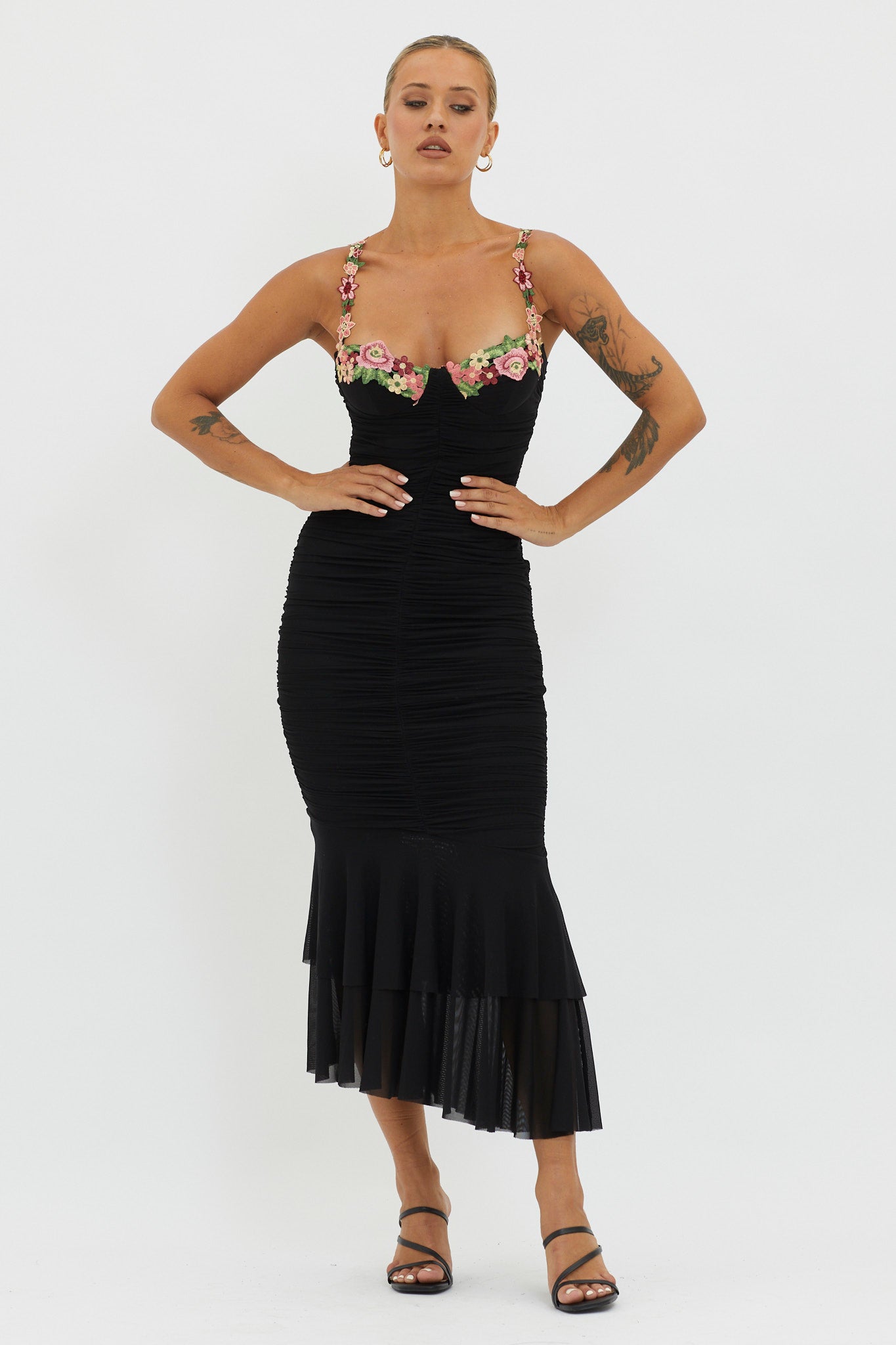 Rose Garden Ruched Mesh Midi Dress Black-Maymioy