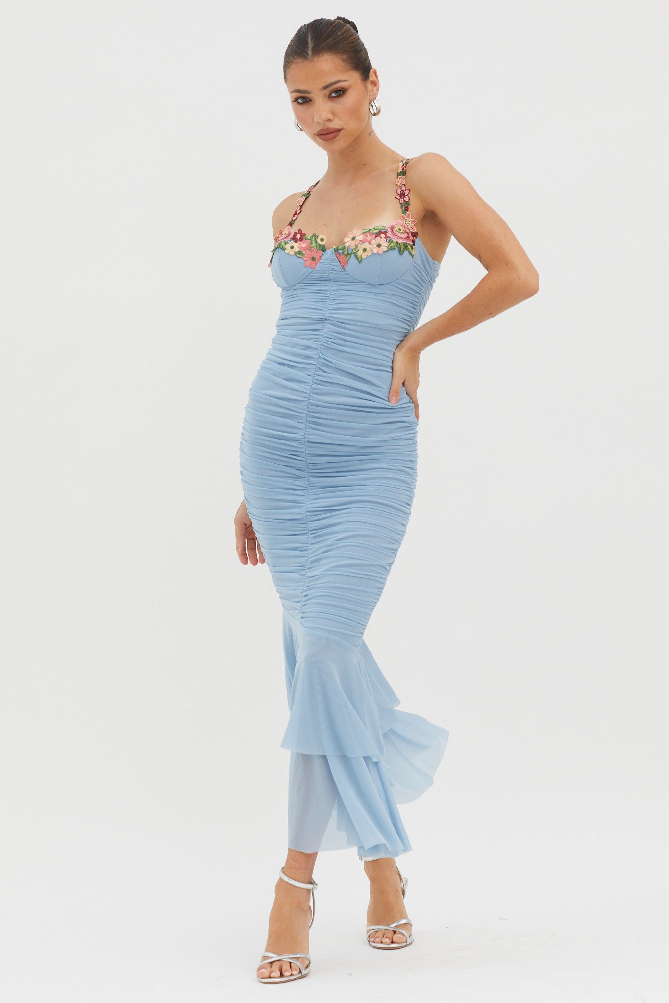 Rose Garden Ruched Mesh Midi Dress Blue-Maymioy