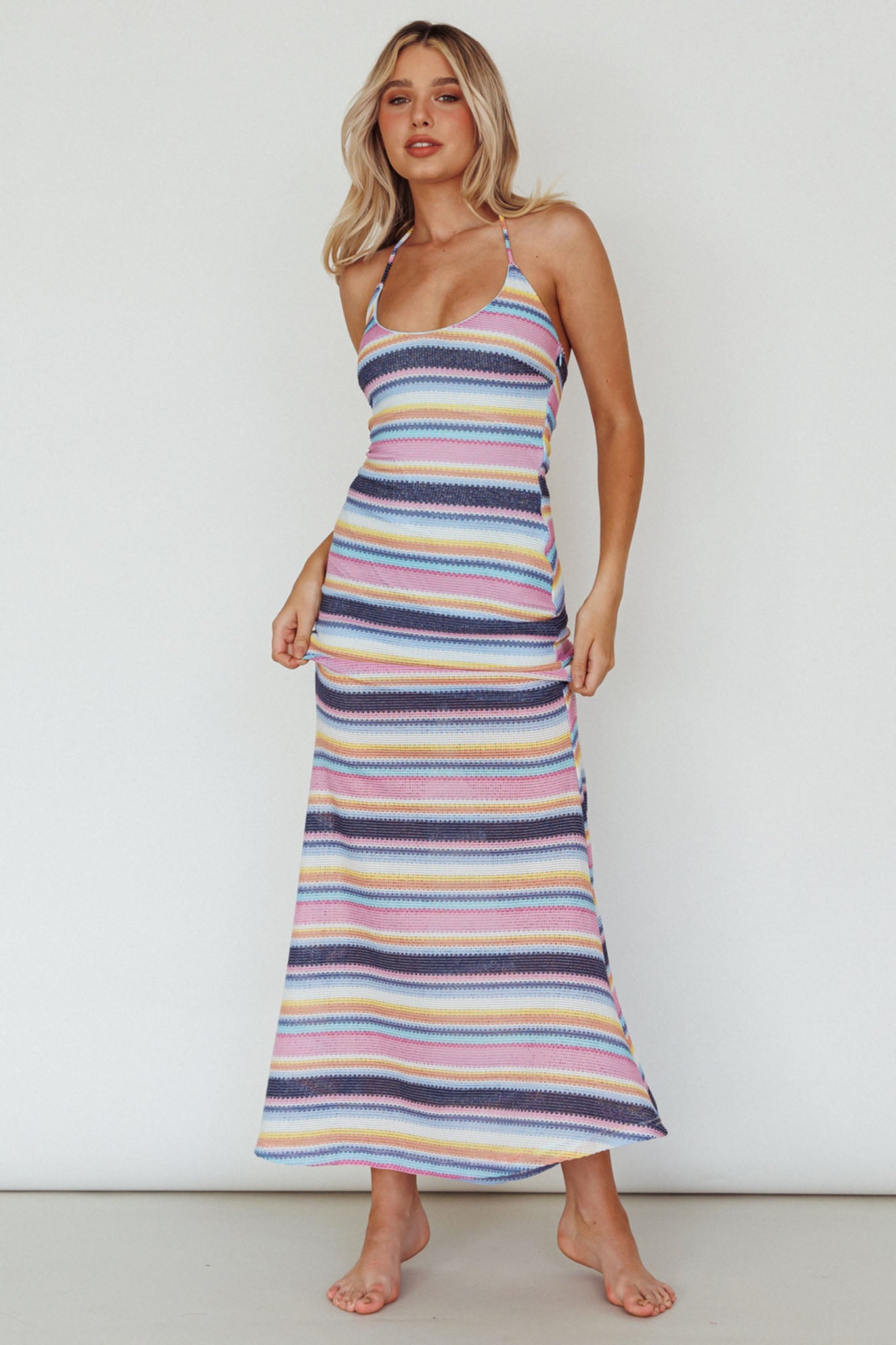 Kandy Crochet Maxi Dress Stripe Blue Multi-Maymioy