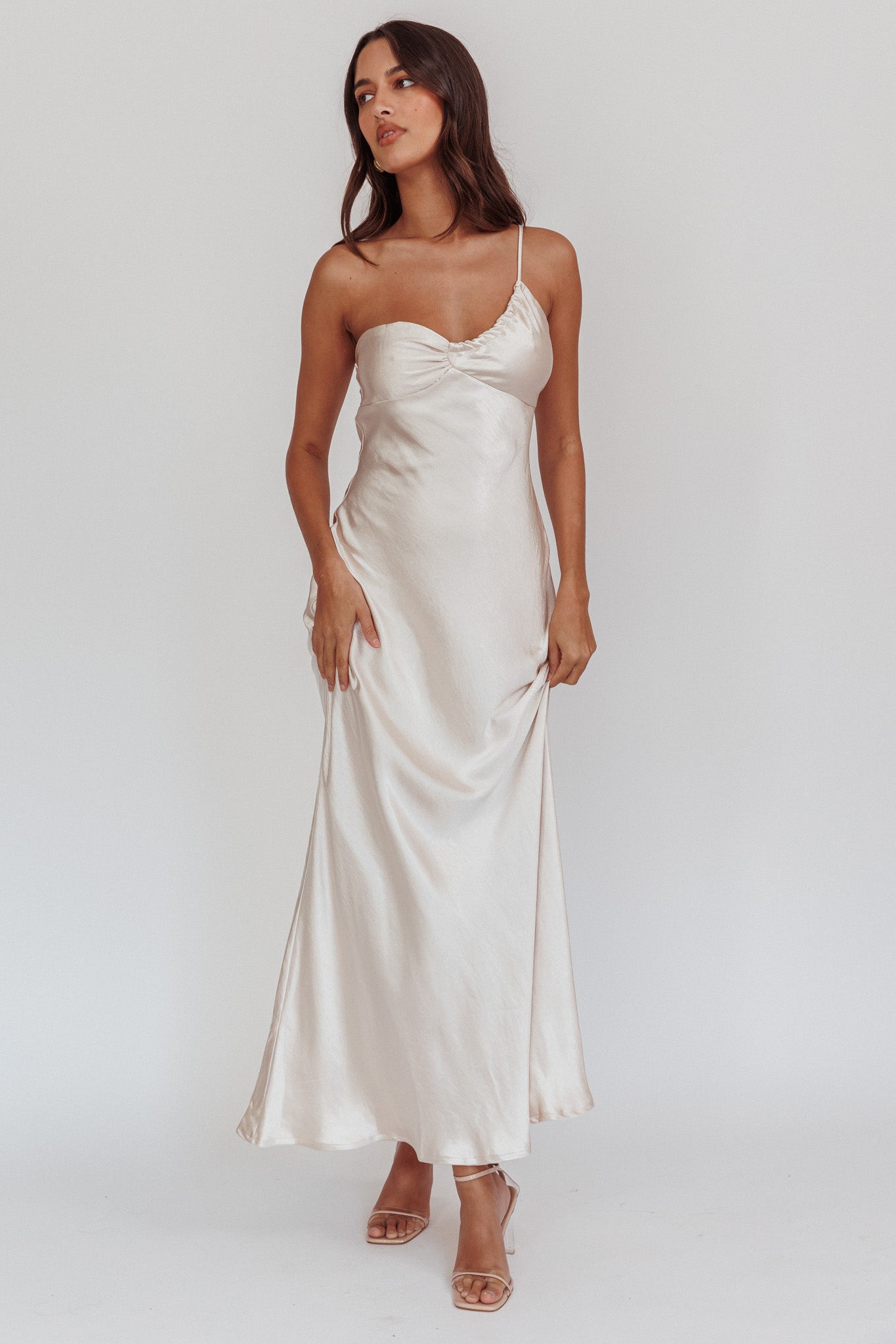 Twilight Tango One-Shoulder Maxi Dress Champagne-Maymioy