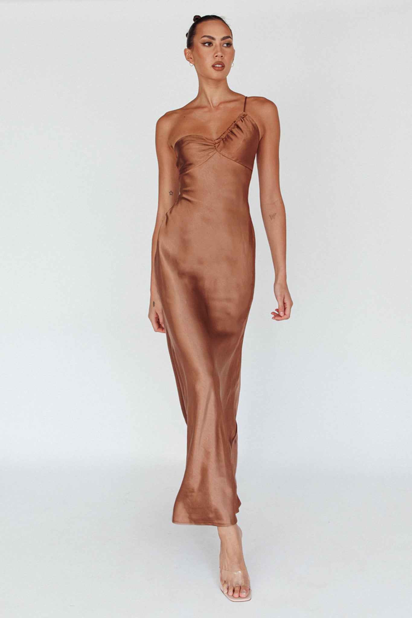 Twilight Tango One-Shoulder Maxi Dress Mocha-Maymioy