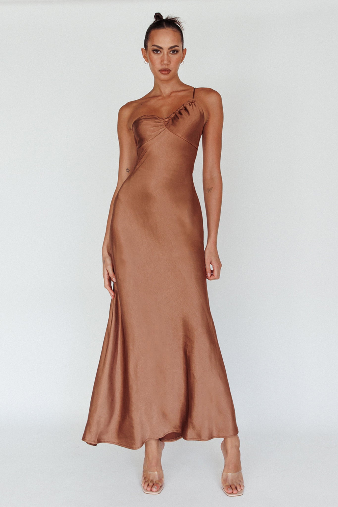 Twilight Tango One-Shoulder Maxi Dress Mocha-Maymioy