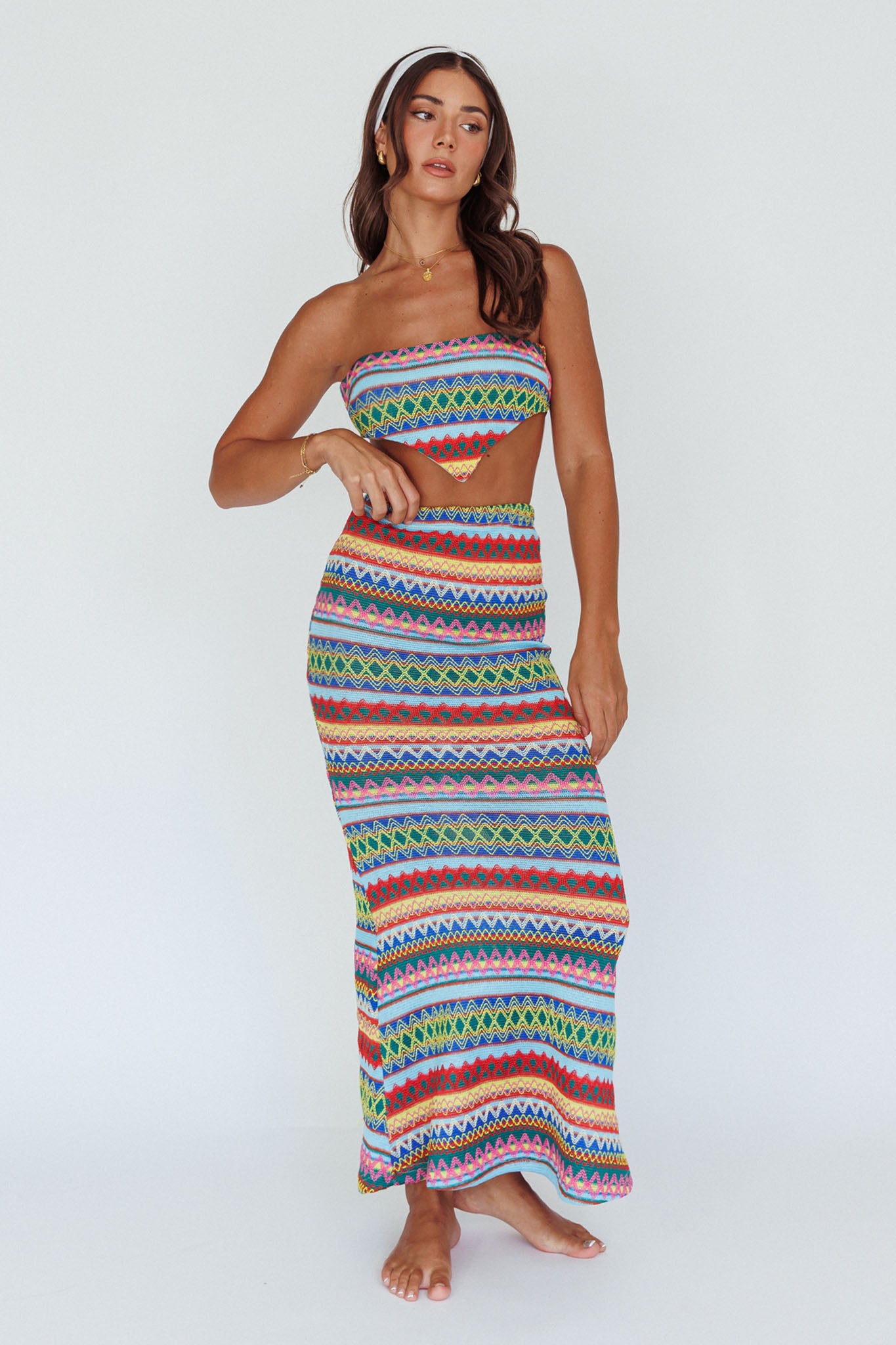 Tulum Knit Midi Skirt Blue Multi-Maymioy