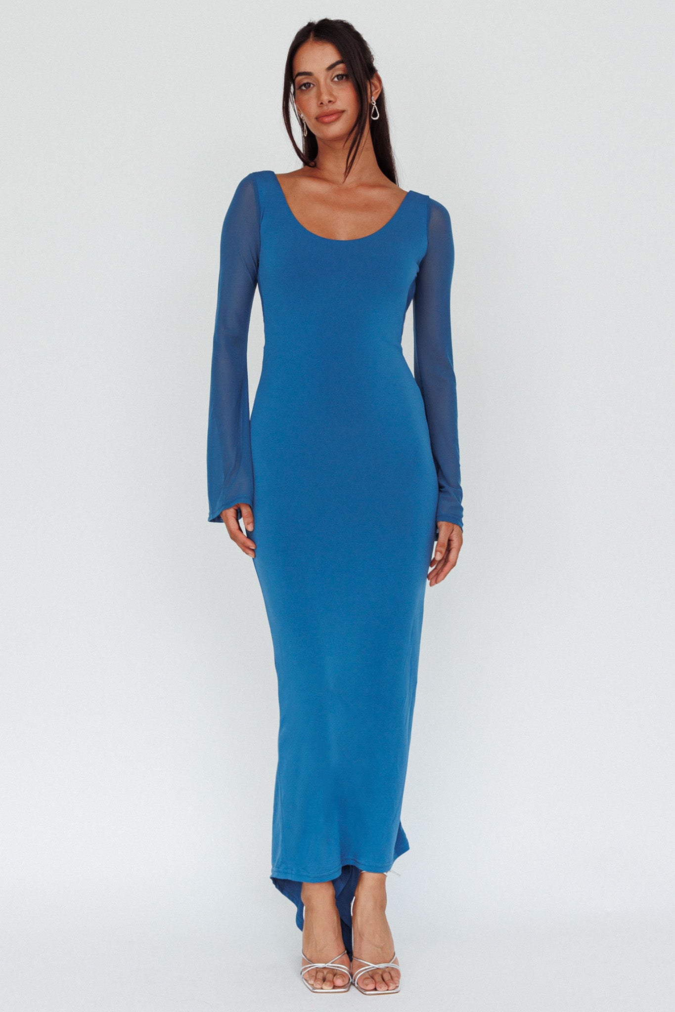 Crystal Ball Open Back Ruched Maxi Dress Blue-Maymioy