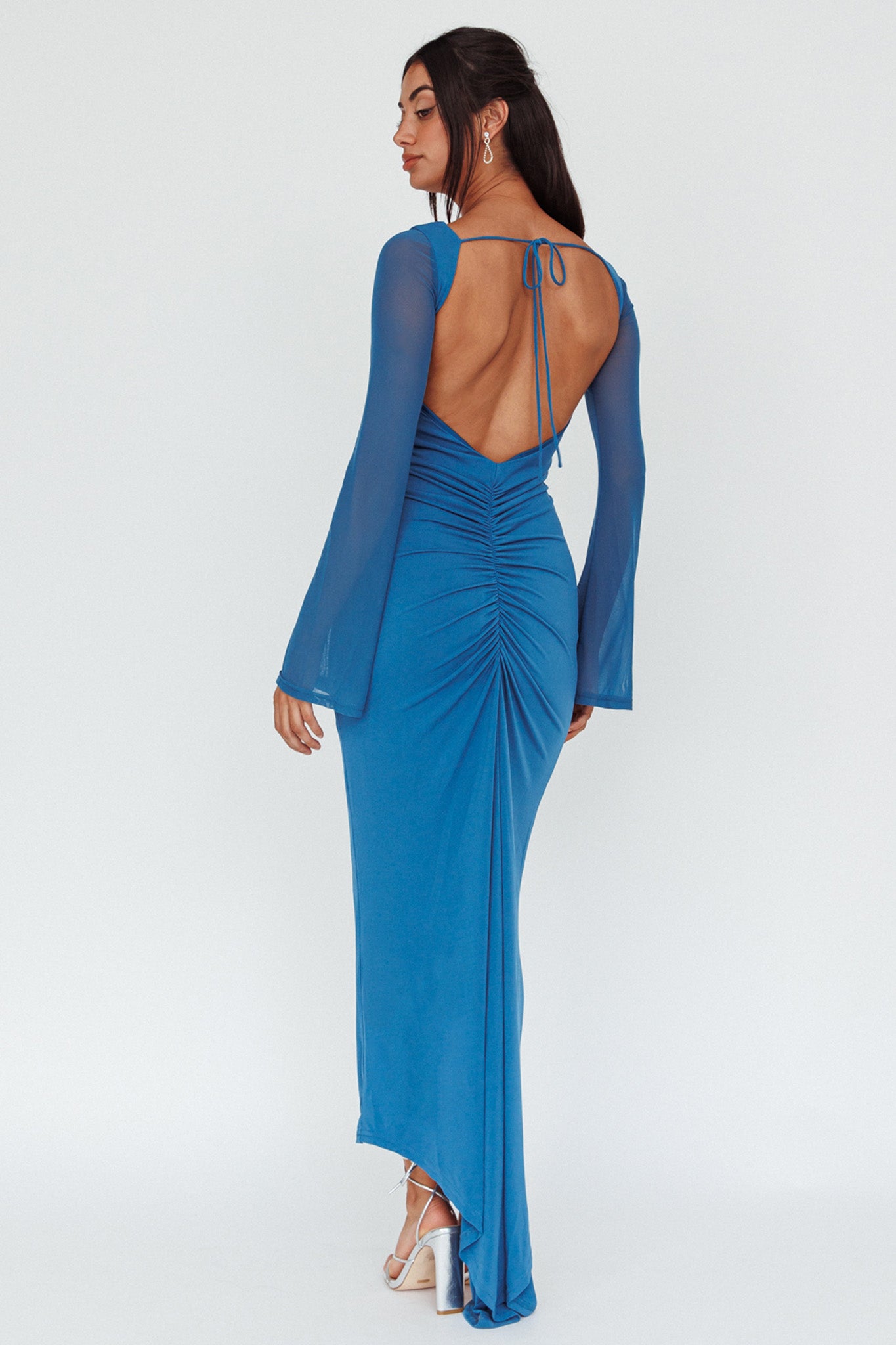 Crystal Ball Open Back Ruched Maxi Dress Blue-Maymioy