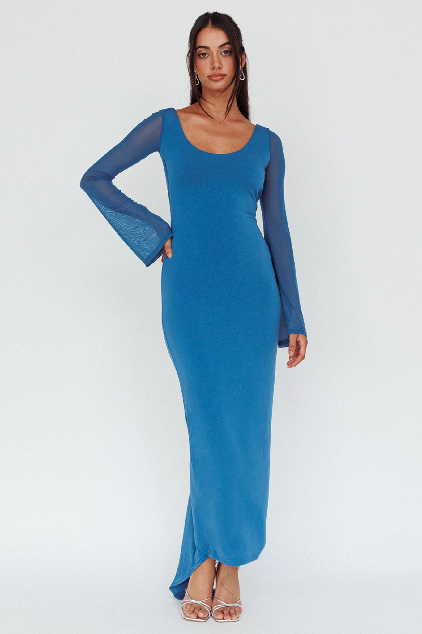 Crystal Ball Open Back Ruched Maxi Dress Blue-Maymioy