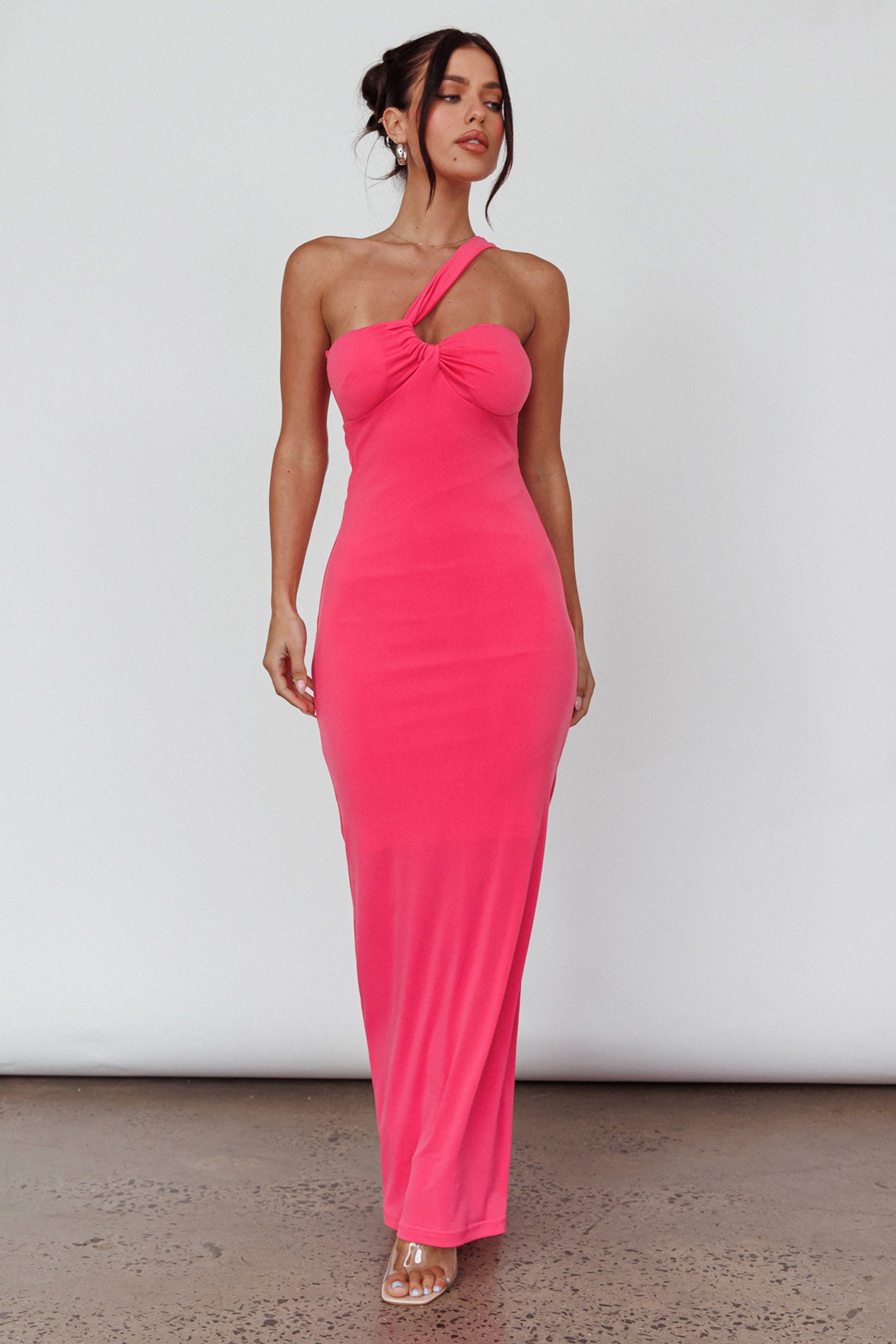 Trinny One-Shoulder Ruched Back Midi Dress Hot Pink-Maymioy
