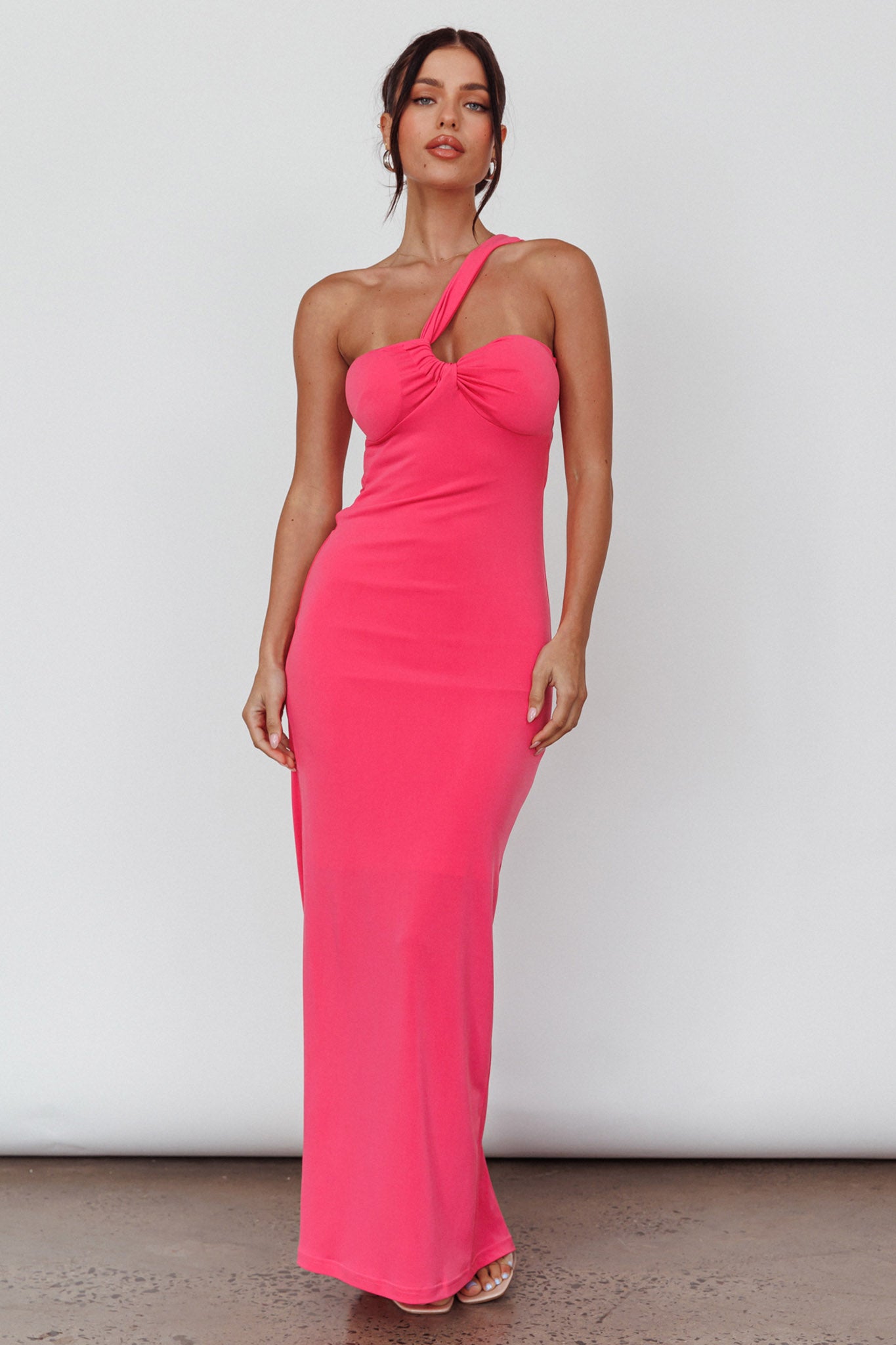 Trinny One-Shoulder Ruched Back Midi Dress Hot Pink-Maymioy