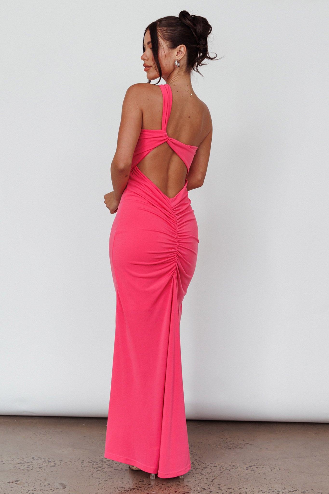 Trinny One-Shoulder Ruched Back Midi Dress Hot Pink-Maymioy