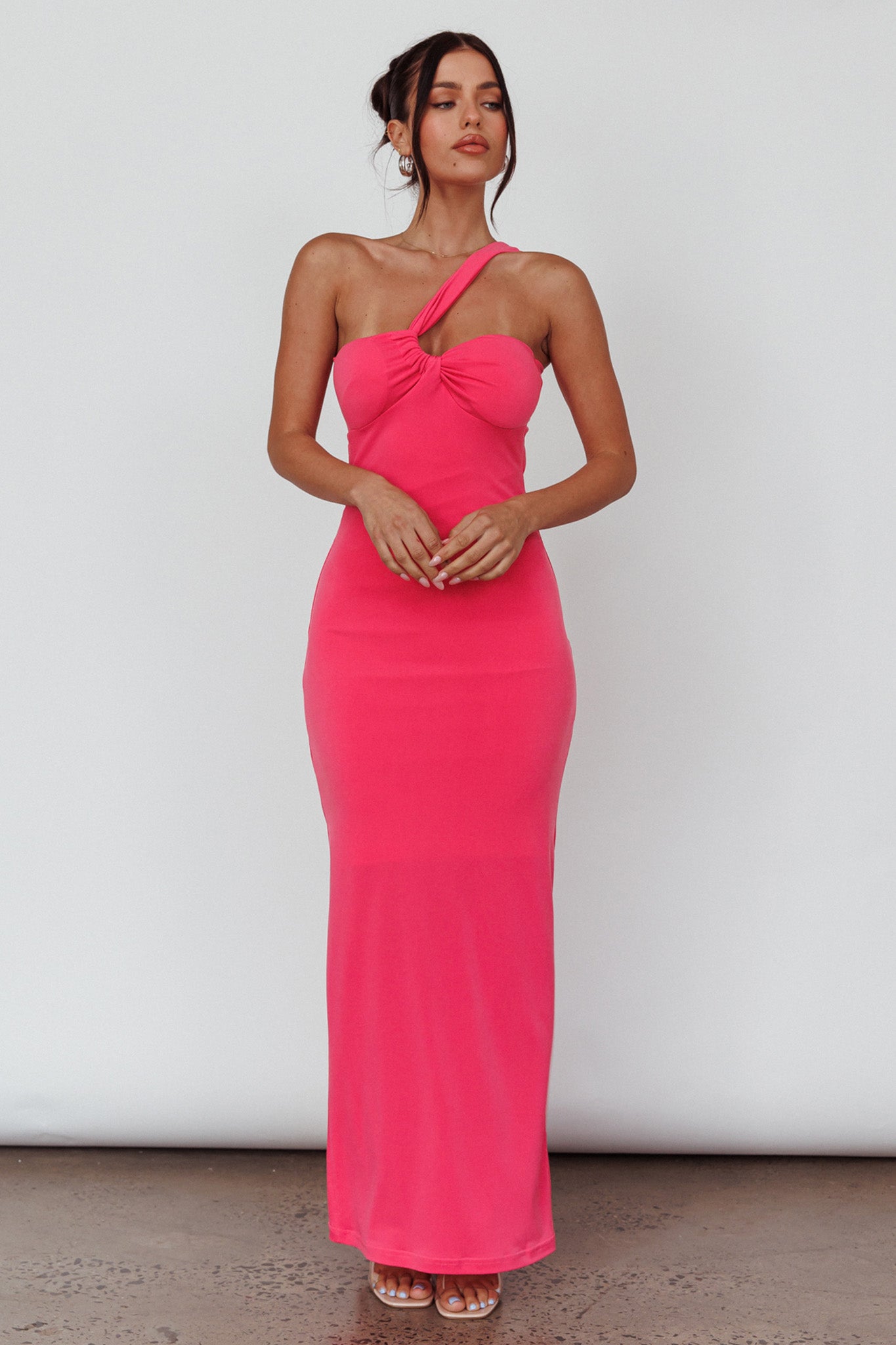 Trinny One-Shoulder Ruched Back Midi Dress Hot Pink-Maymioy