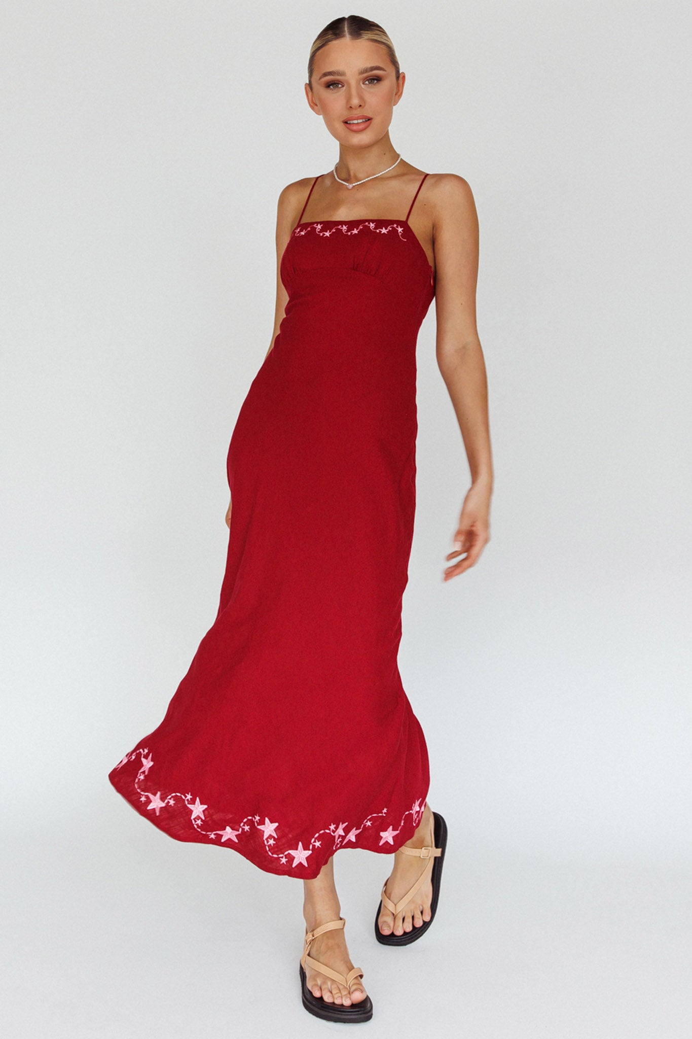 Star Garden Embroidered Midi Dress Wine-Maymioy