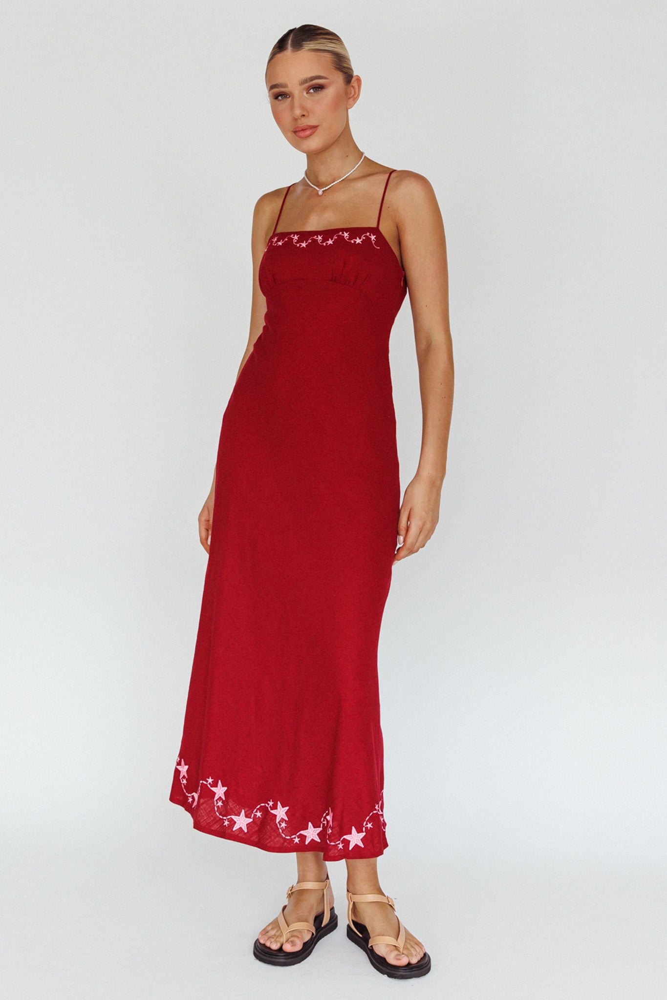 Star Garden Embroidered Midi Dress Wine-Maymioy