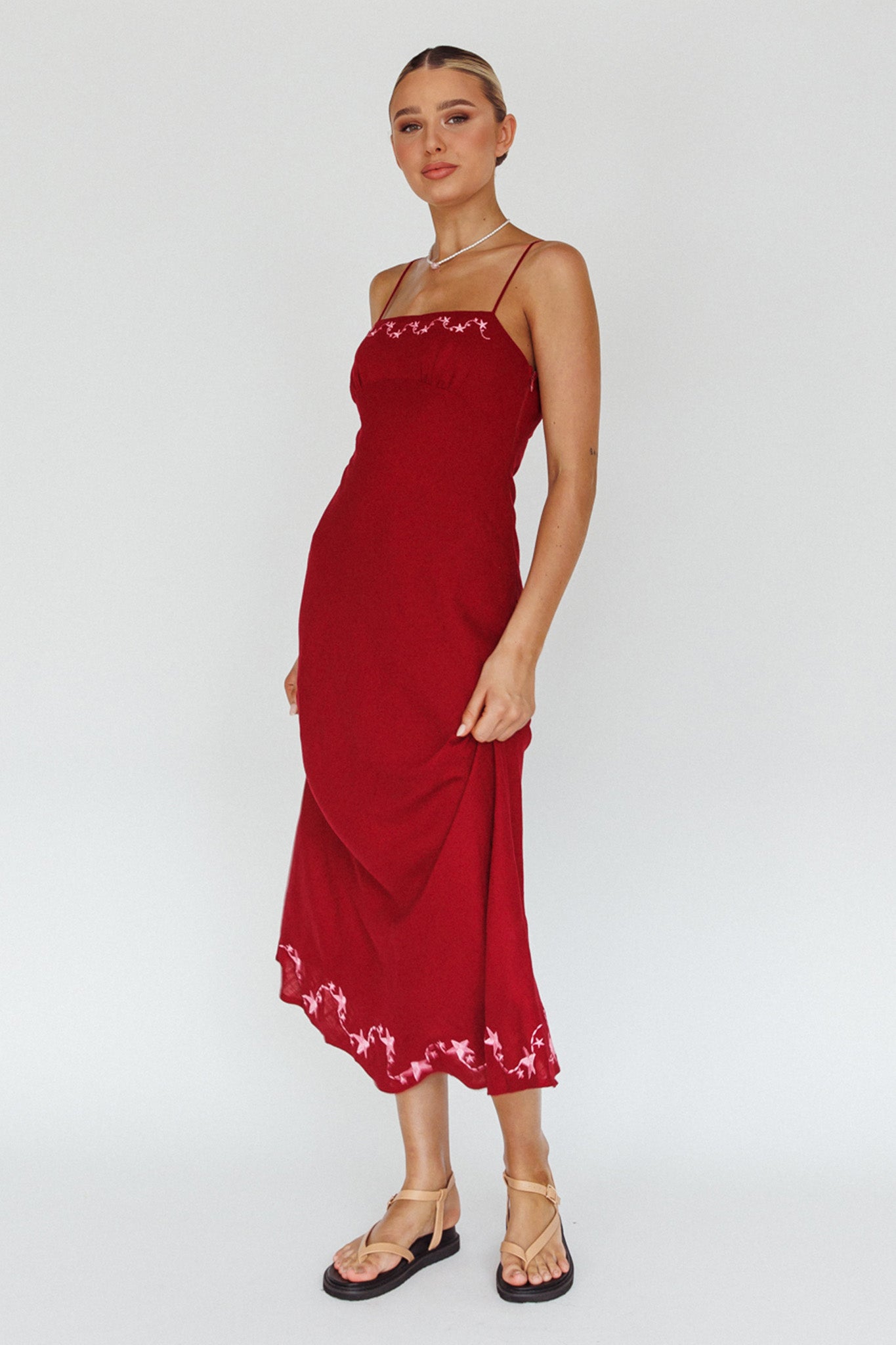 Star Garden Embroidered Midi Dress Wine-Maymioy