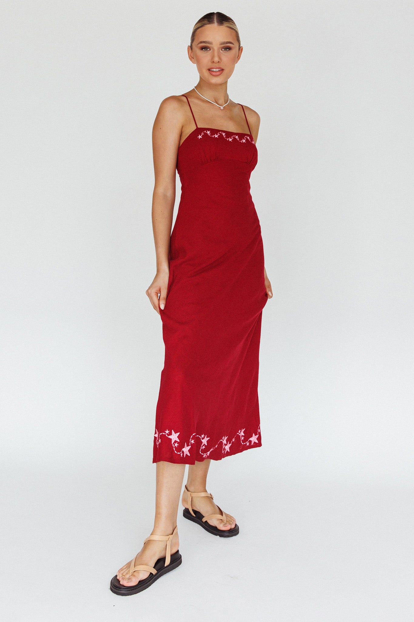 Star Garden Embroidered Midi Dress Wine-Maymioy