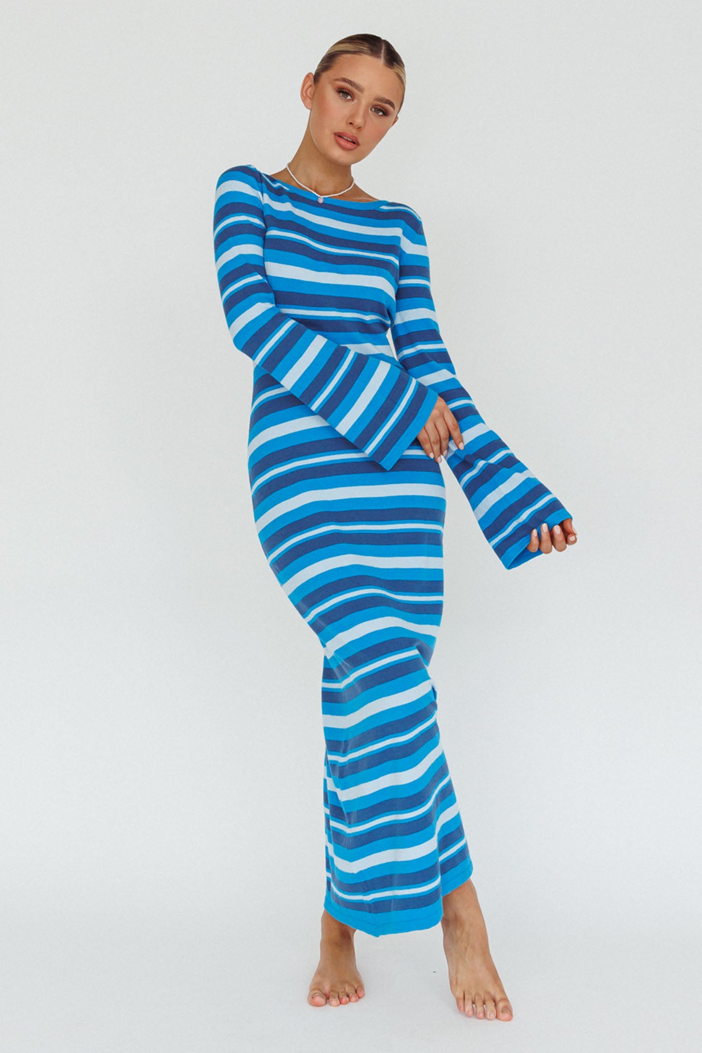 Jozie Long Sleeve Maxi Dress Stripe Blue-Maymioy