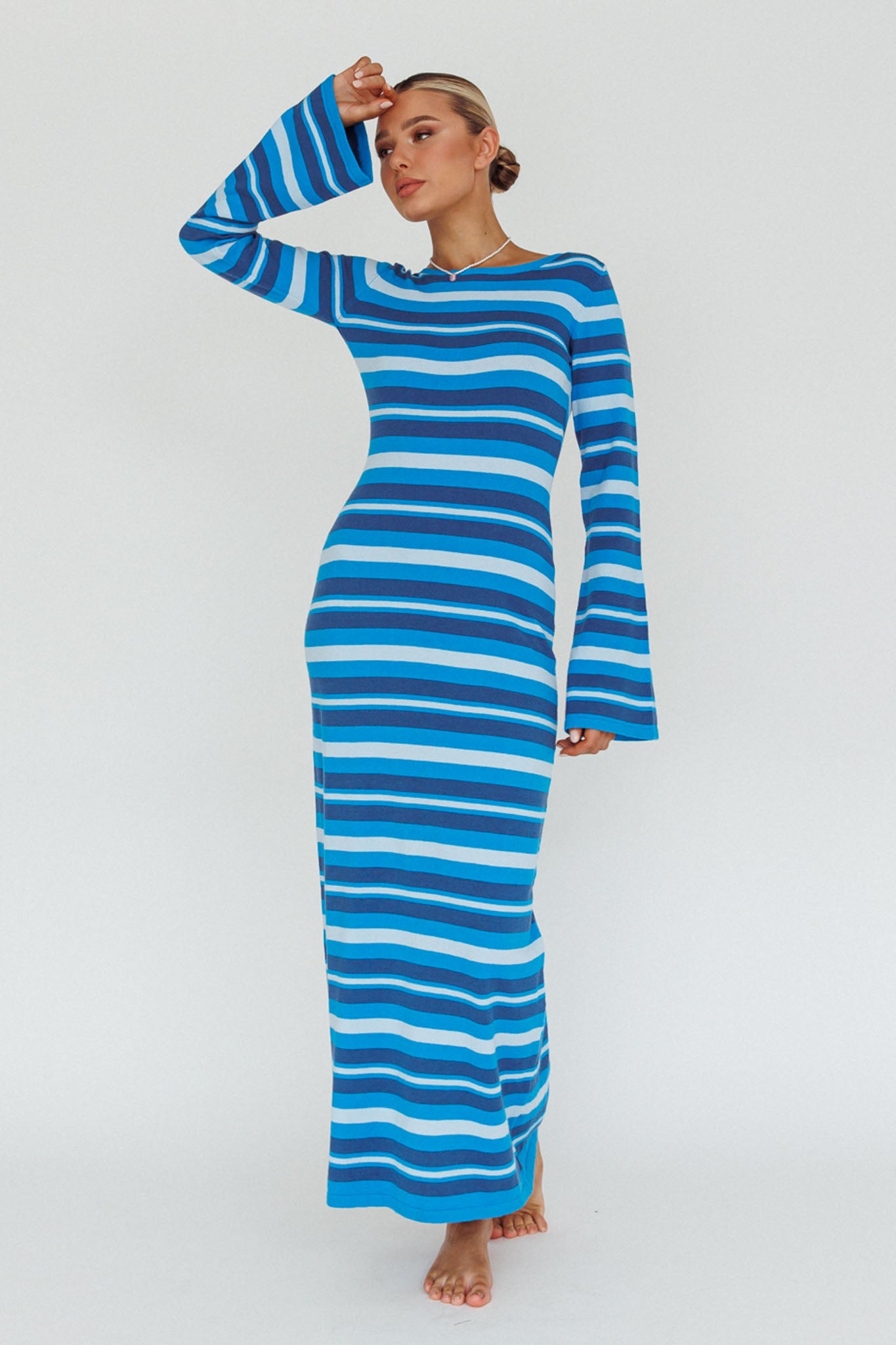 Jozie Long Sleeve Maxi Dress Stripe Blue-Maymioy