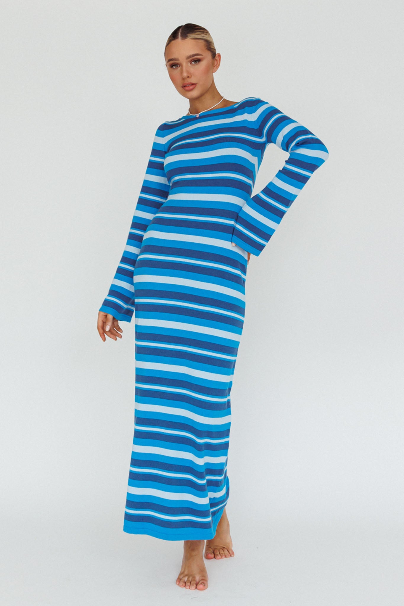 Jozie Long Sleeve Maxi Dress Stripe Blue-Maymioy
