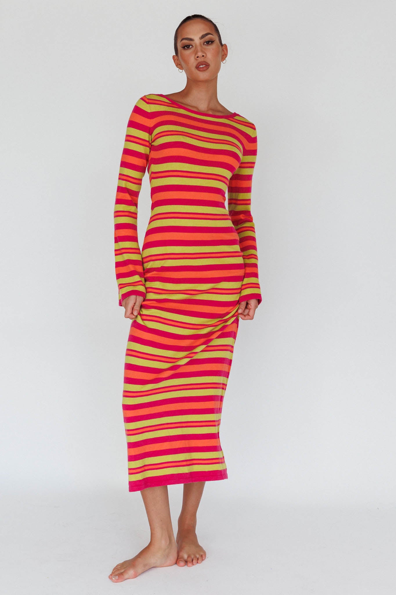 Jozie Long Sleeve Maxi Dress Stripe Orange-Maymioy