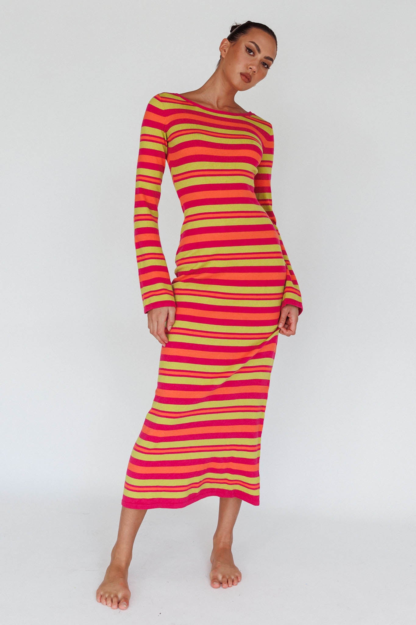 Jozie Long Sleeve Maxi Dress Stripe Orange-Maymioy
