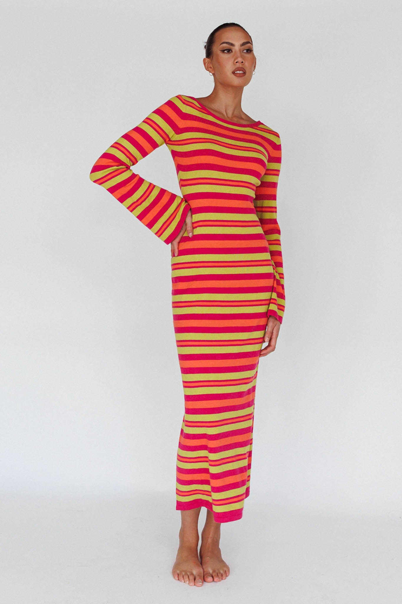 Jozie Long Sleeve Maxi Dress Stripe Orange-Maymioy