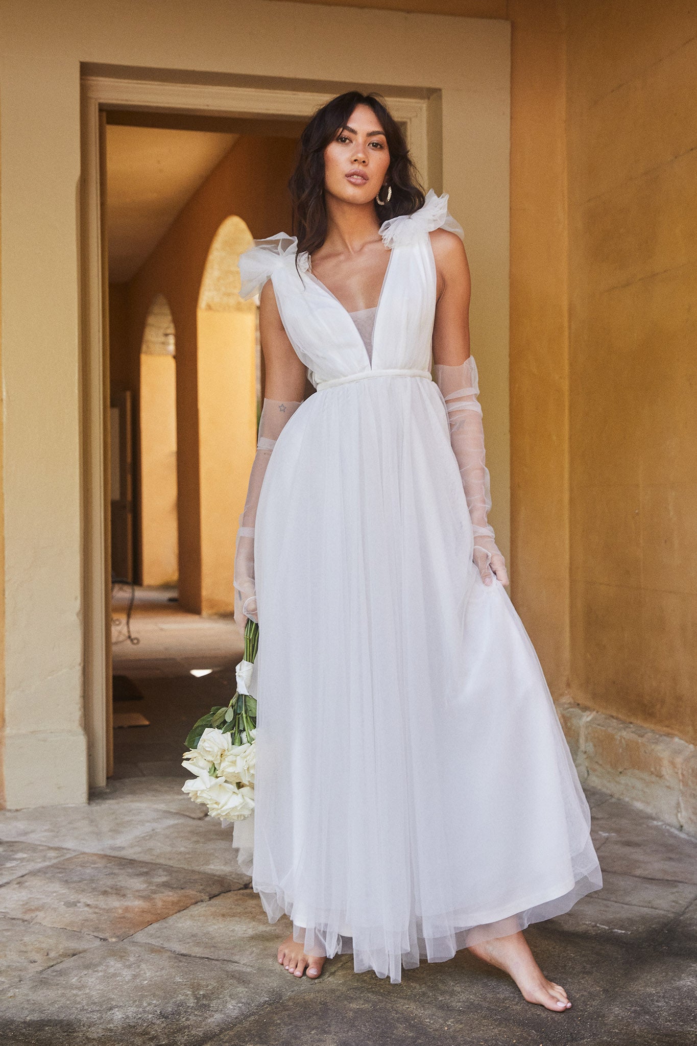 Regine Mesh Overlay Maxi Dress White-Maymioy