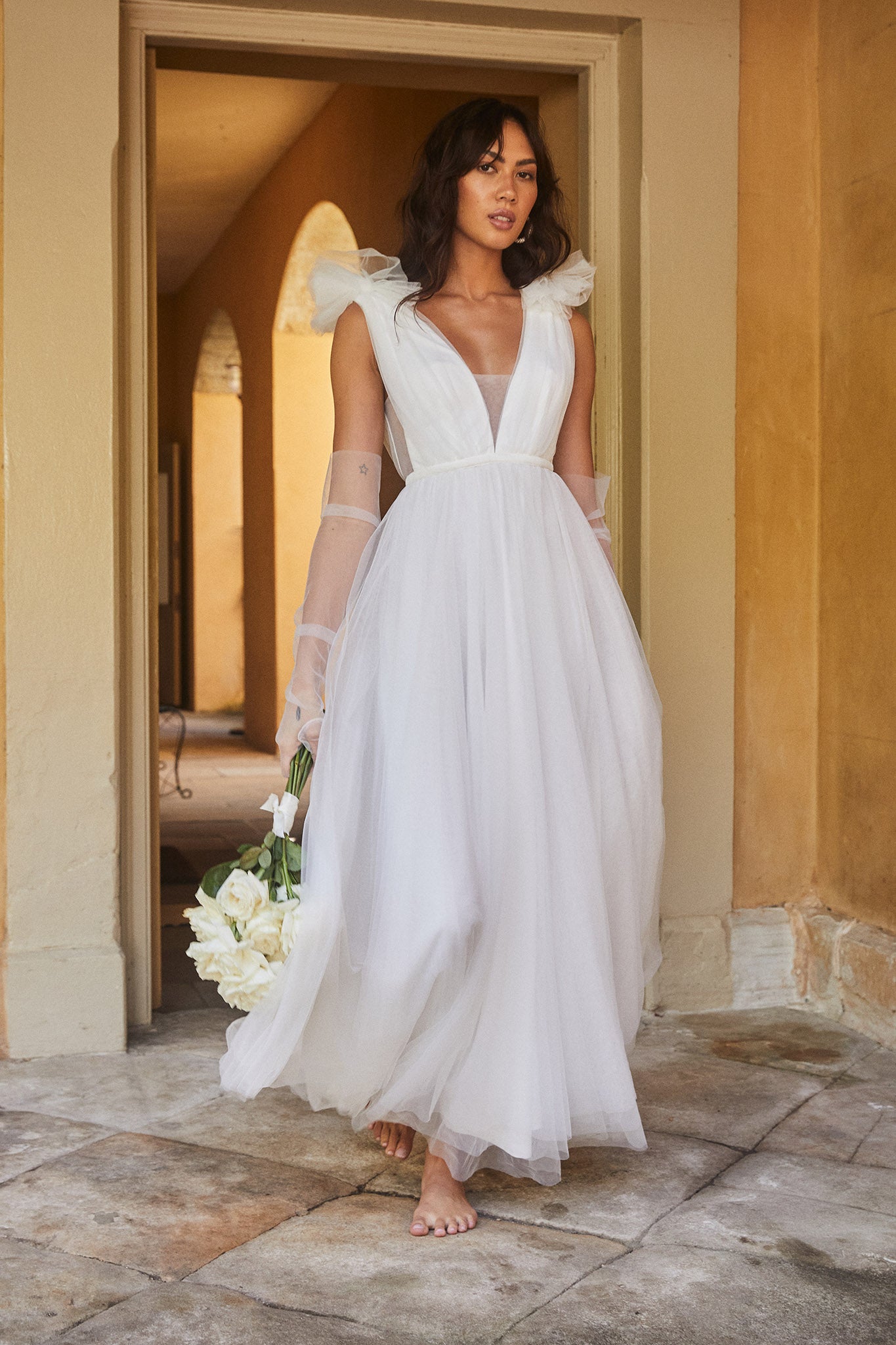 Regine Mesh Overlay Maxi Dress White-Maymioy