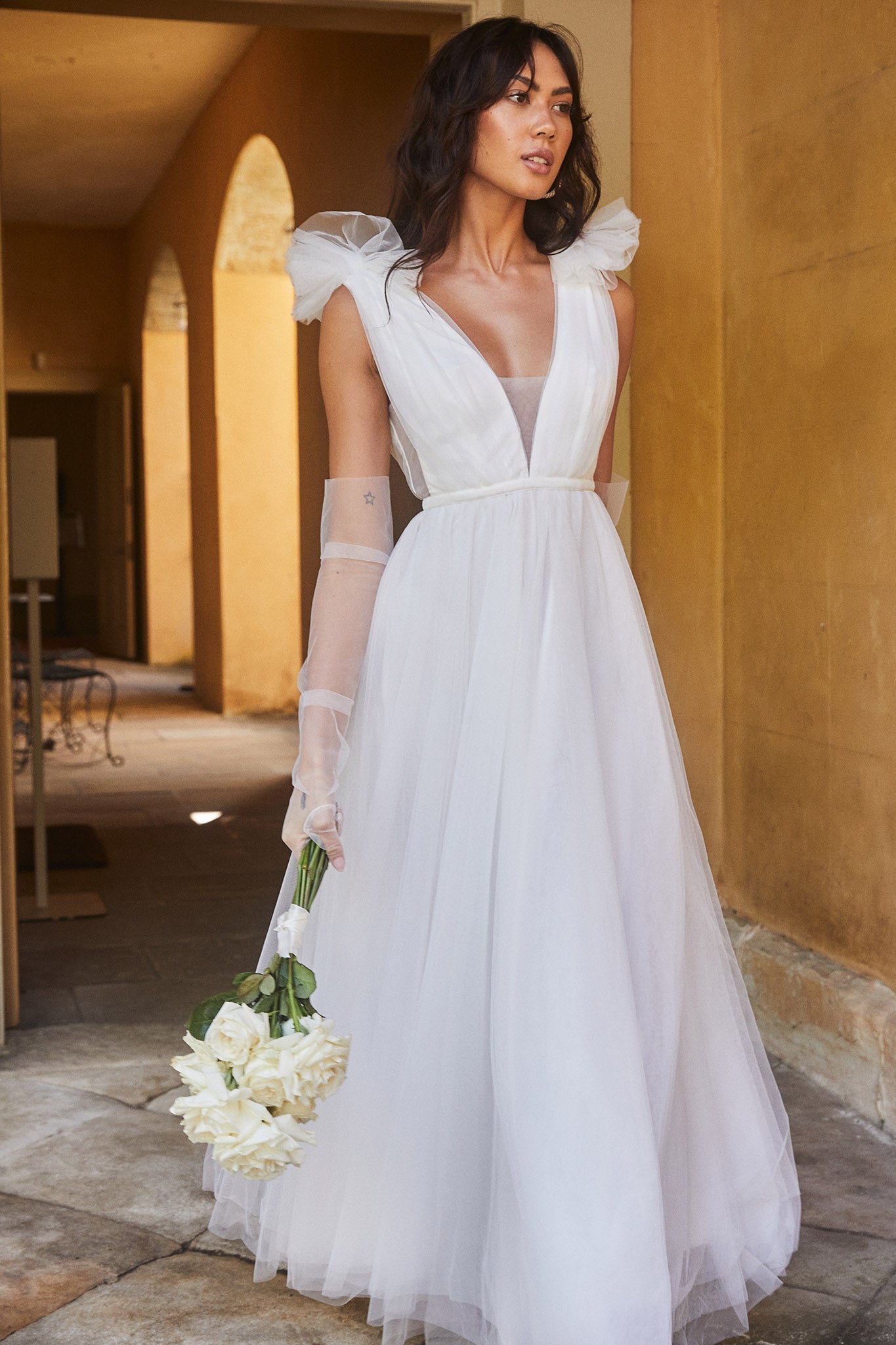 Regine Mesh Overlay Maxi Dress White-Maymioy
