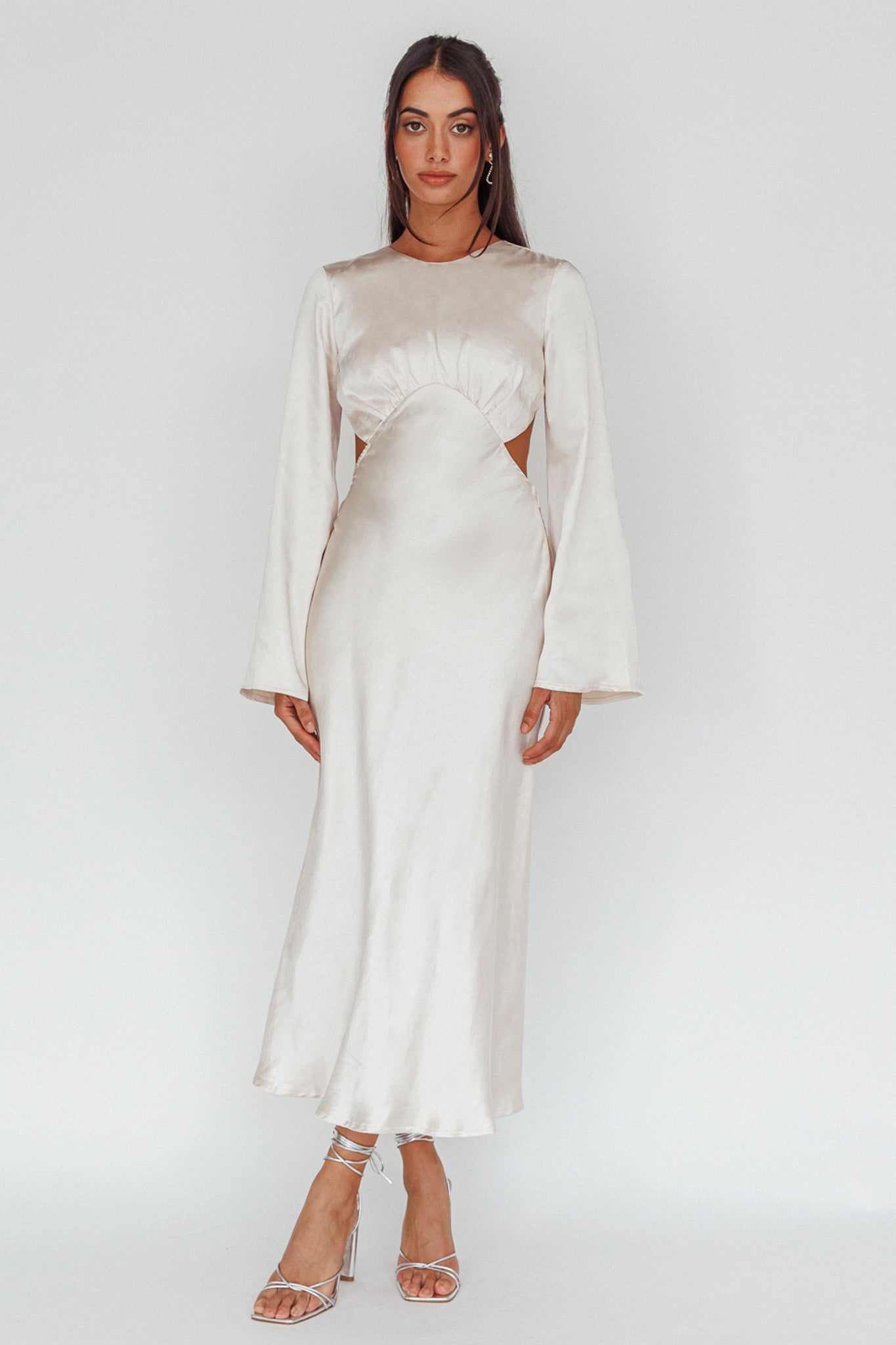 Doting Bell Sleeve Cut-Out Midi Dress Champagne-Maymioy