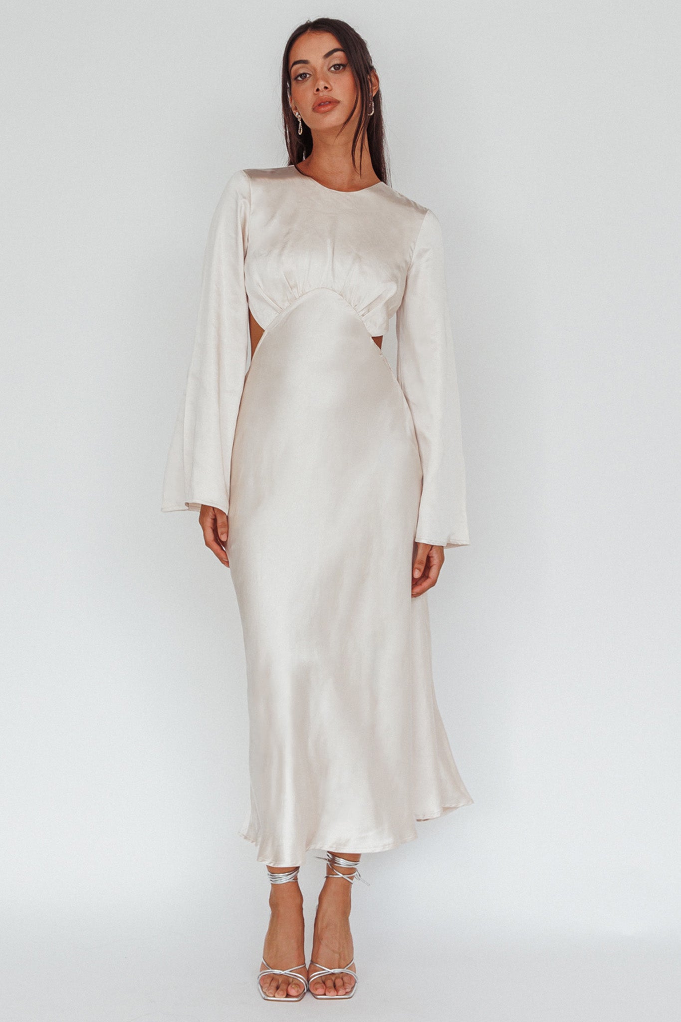 Doting Bell Sleeve Cut-Out Midi Dress Champagne-Maymioy