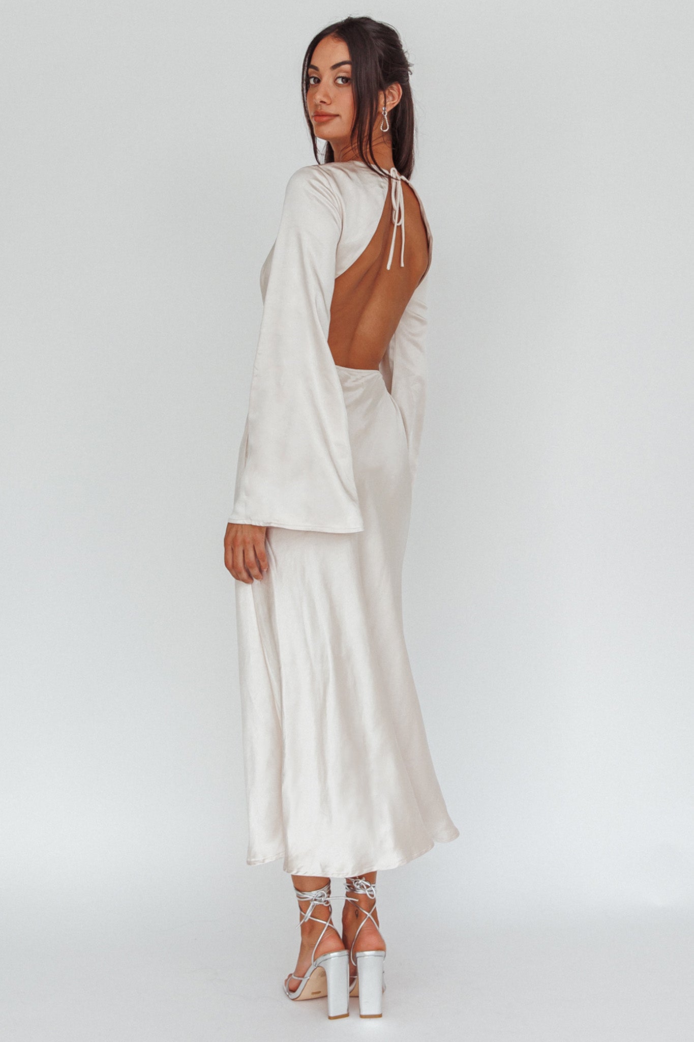 Doting Bell Sleeve Cut-Out Midi Dress Champagne-Maymioy