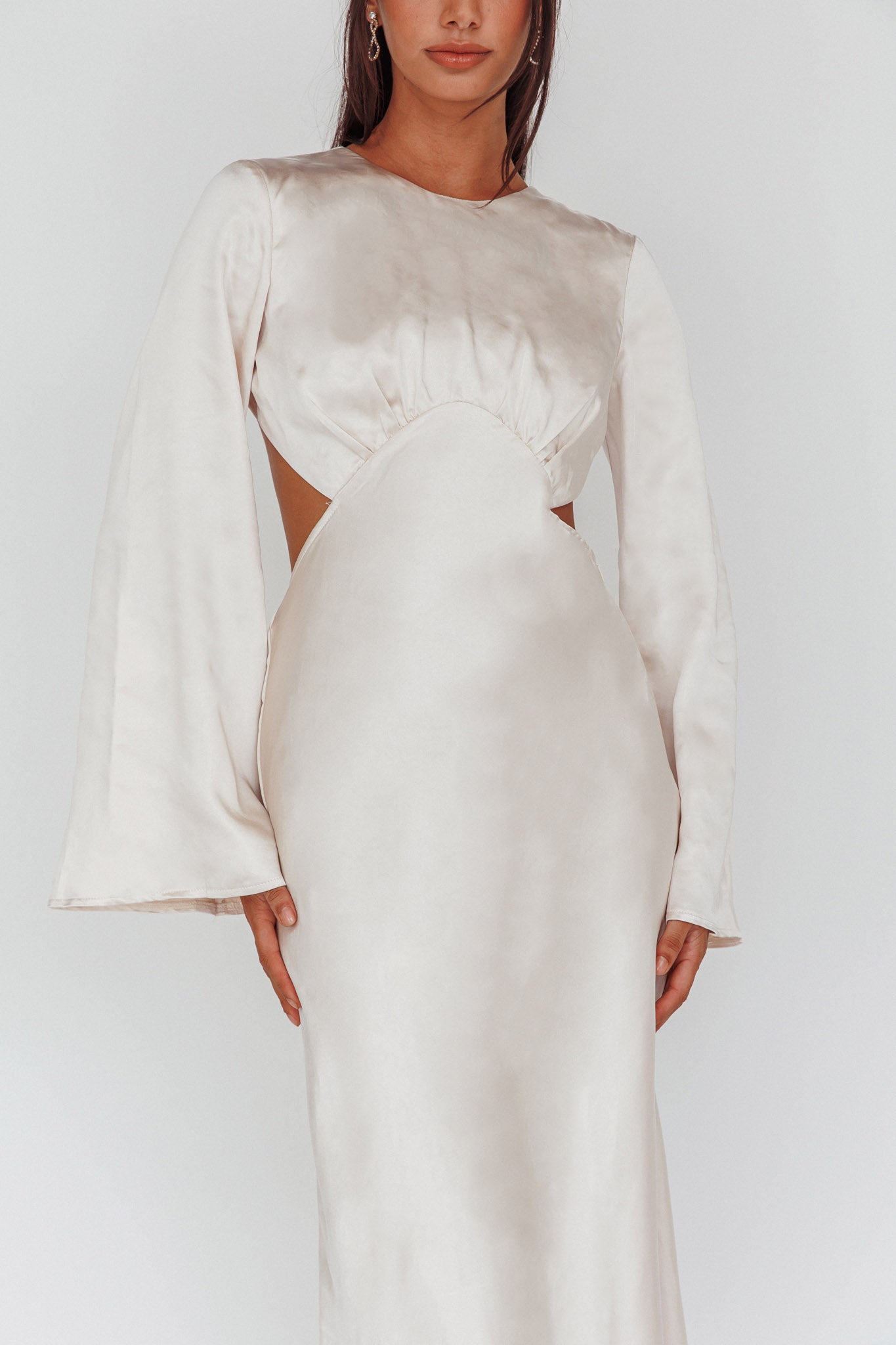 Doting Bell Sleeve Cut-Out Midi Dress Champagne-Maymioy