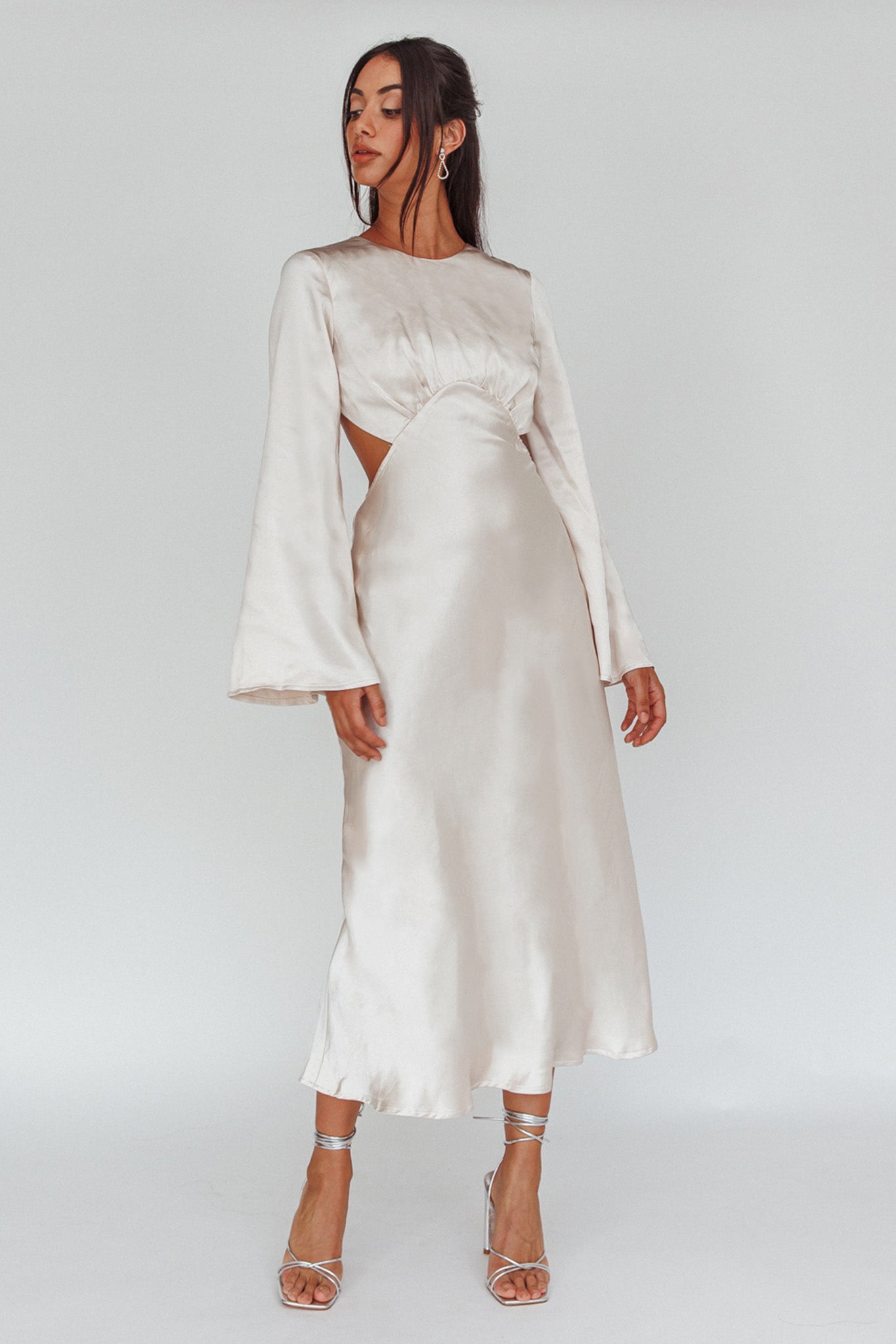 Doting Bell Sleeve Cut-Out Midi Dress Champagne-Maymioy
