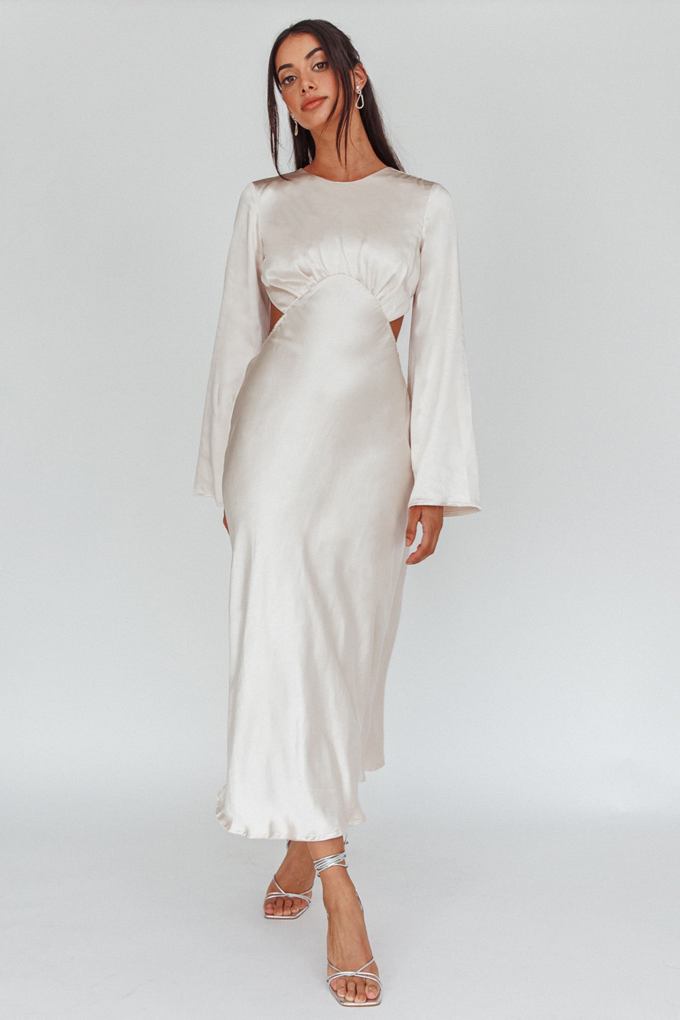 Doting Bell Sleeve Cut-Out Midi Dress Champagne-Maymioy